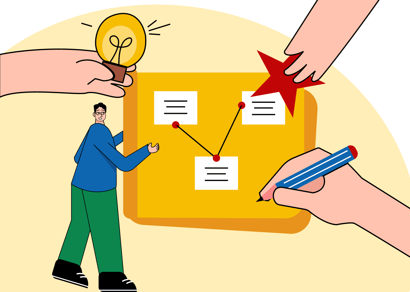 Illustration of a team connecting ideas and decisions, representing a lean approach for B2B startup growth.