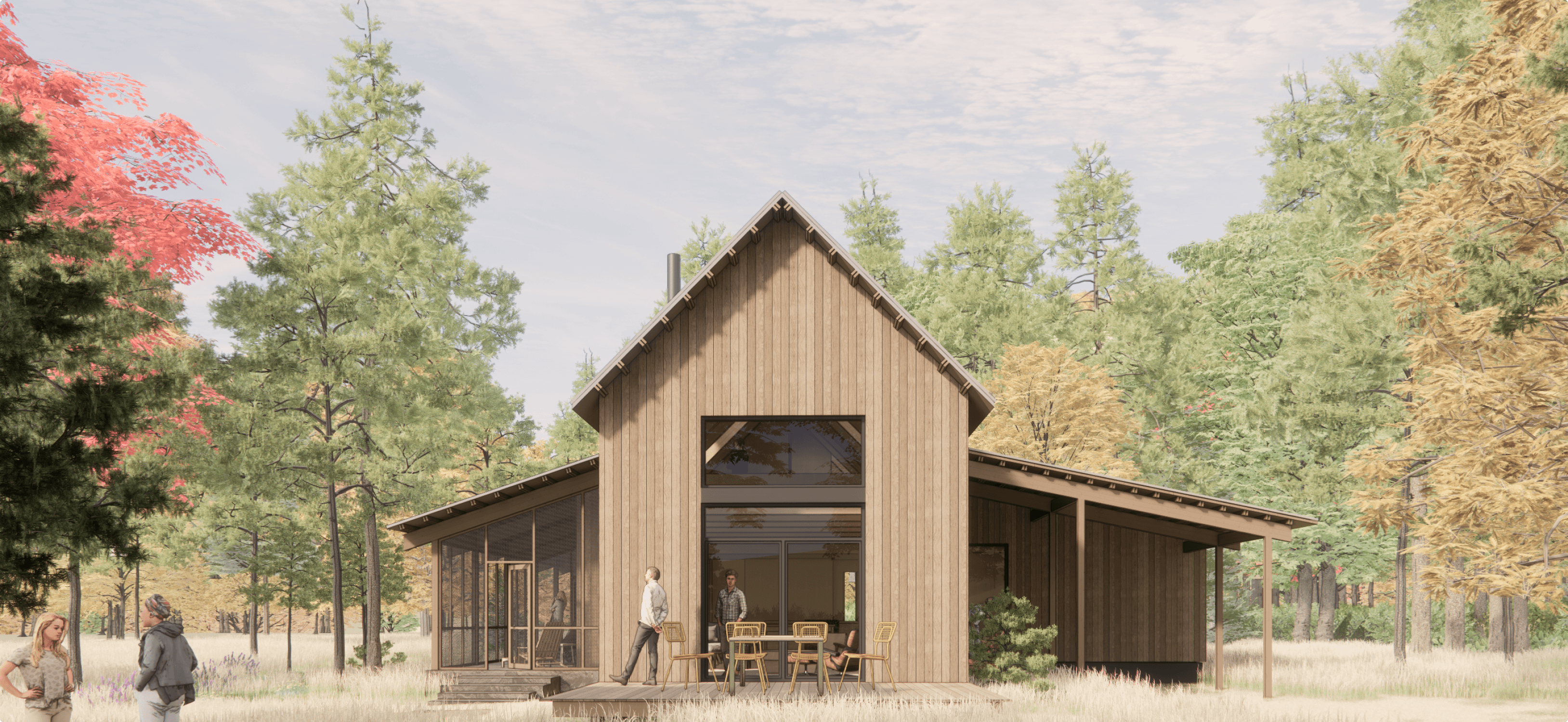 TMBR’s prefabricated single-family home with a metal roof, covered porch, and energy-efficient timber construction, blending with the forest setting.