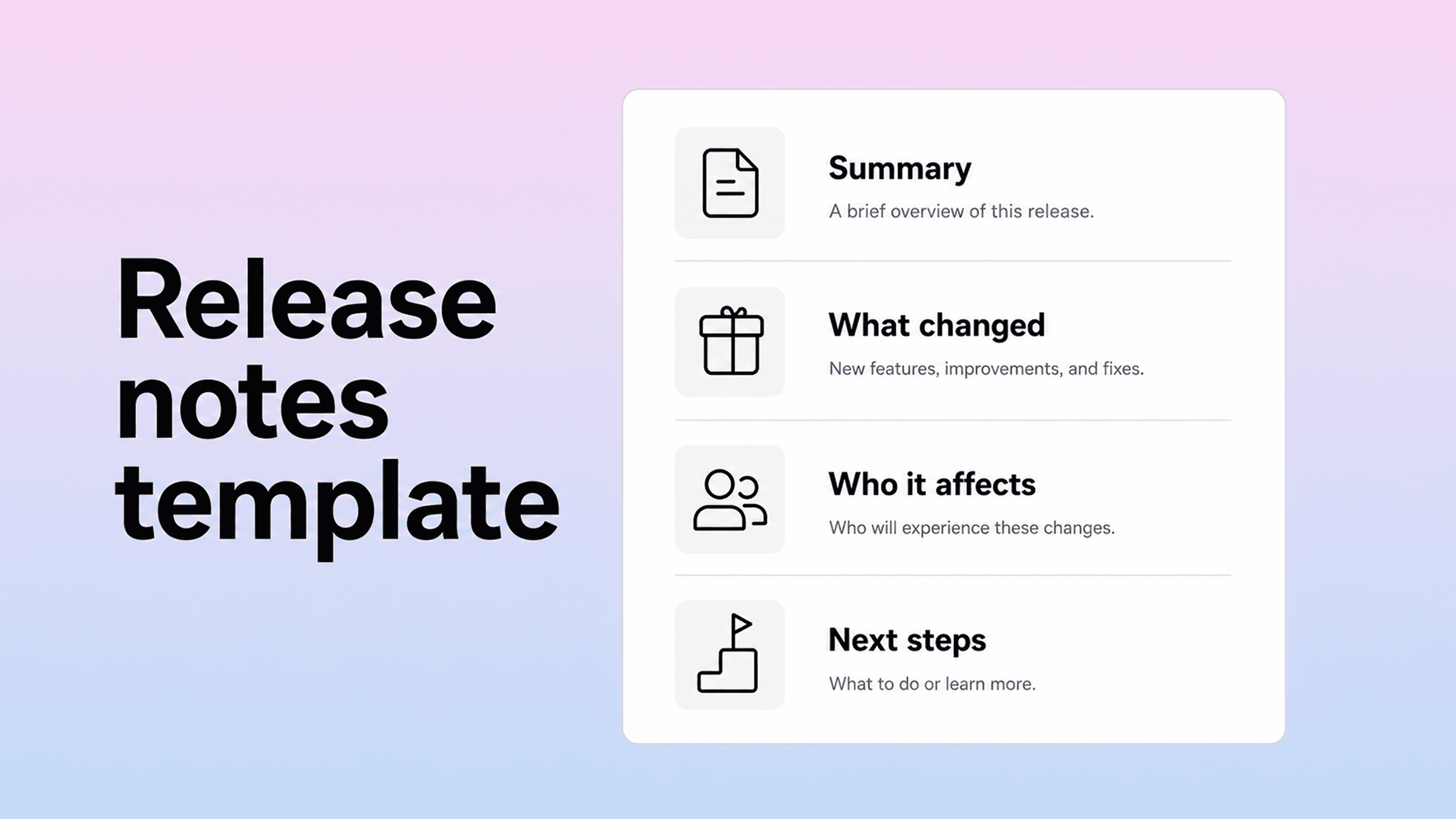 Release notes template with sections for summary, what changed, who it affects, and next steps