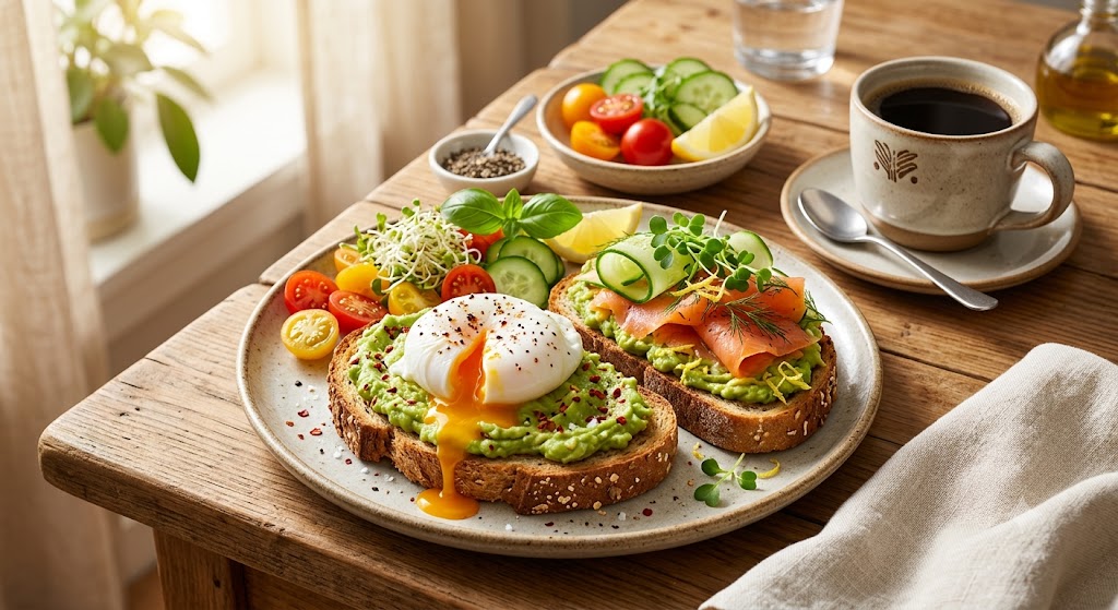 A vibrant, sunlit photograph of a healthy breakfast featuring two slices of avocado toast on whole-grain bread, one topped with a poached egg with a runny yolk and the other with smoked salmon, cucumber ribbons, and microgreens. The plate includes a side salad of cherry tomatoes and sprouts, served with a cup of black coffee on a rustic wooden table by a window.