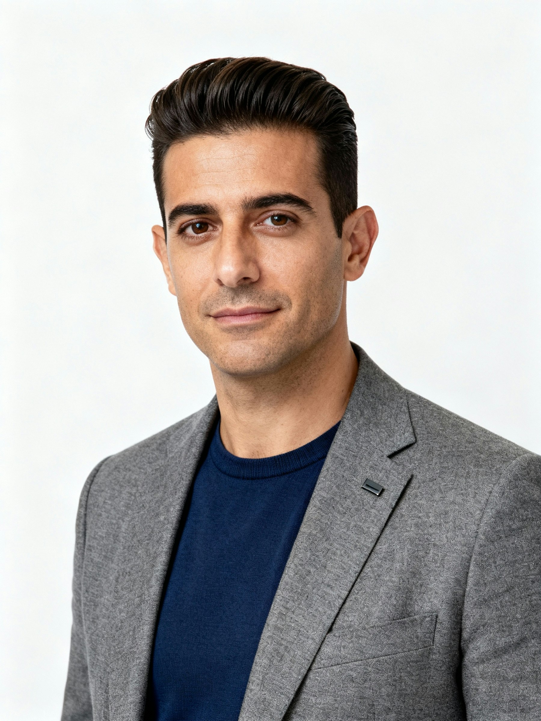 A man in a gray blazer and navy shirt, with neatly styled dark hair, poses against a plain white background.