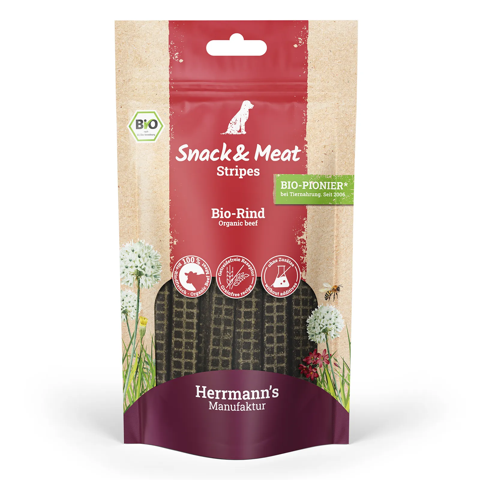 3D packshot of Herrmann's Snack & Meat Stripes organic beef dog treats pouch