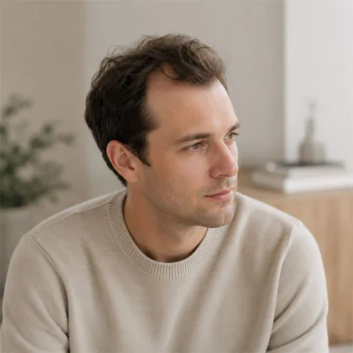 Man met subtiele haarverdunning in een rustige medische omgeving, passend bij alopecia androgenetica.