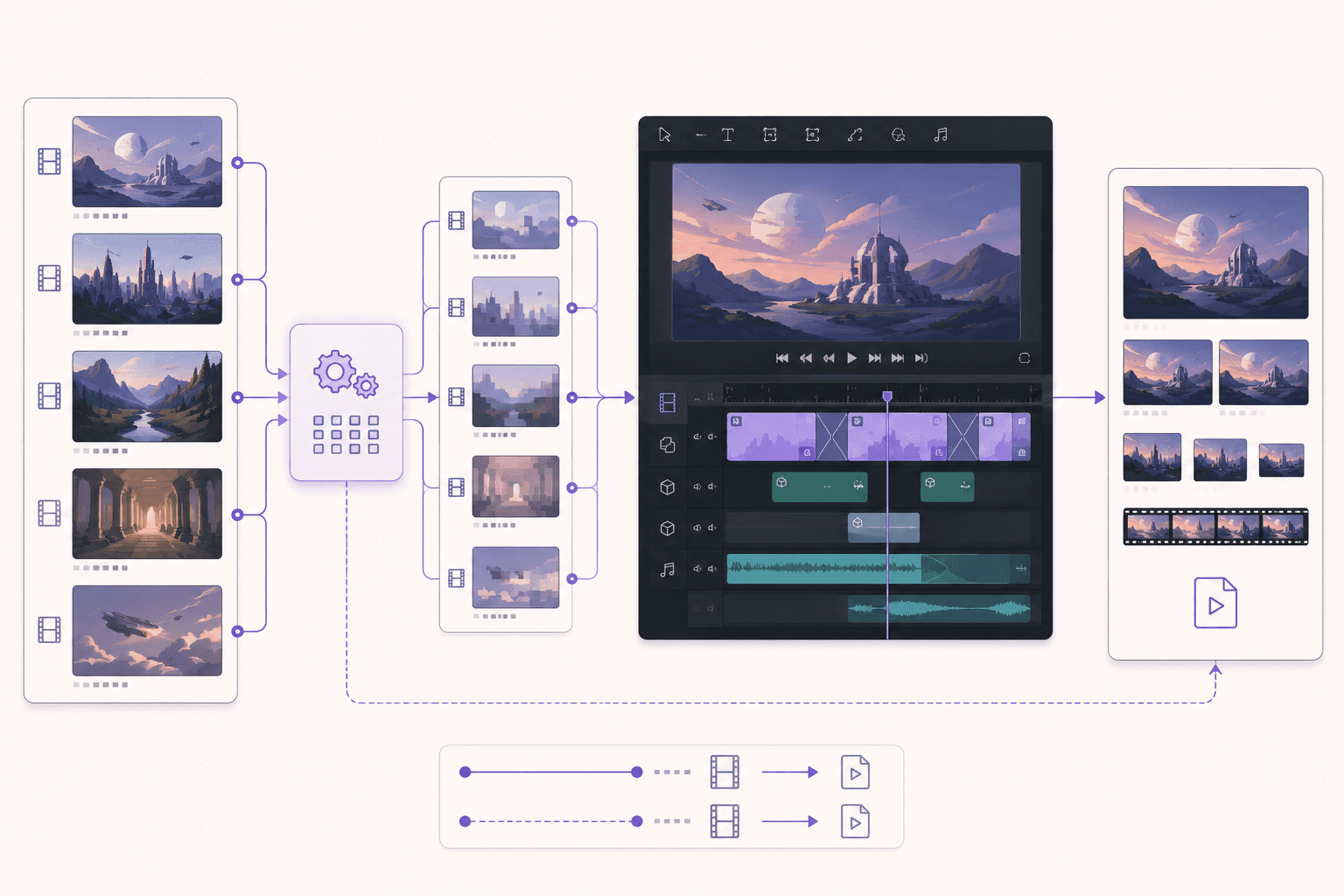 Video-production pipeline converting demanding source footage into optimized editing media before timeline editing and multi-format export.