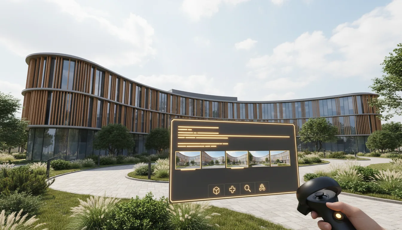 First-person perspective 3D render from inside a VR architectural visualization software. A floating dark mode UI panel with yellow-orange highlights is angled in the foreground, featuring abstracted text lines, a carousel of image thumbnails, and an icon toolbar. In the background, a photorealistic render of a modern building is visible, featuring a curved vertical wood slat facade and large glass windows, surrounded by landscaped gardens with paved paths. The scene is lit by soft global illumination under a bright, sunny sky with fluffy clouds. A portion of a black VR controller is visible in the bottom right corner.