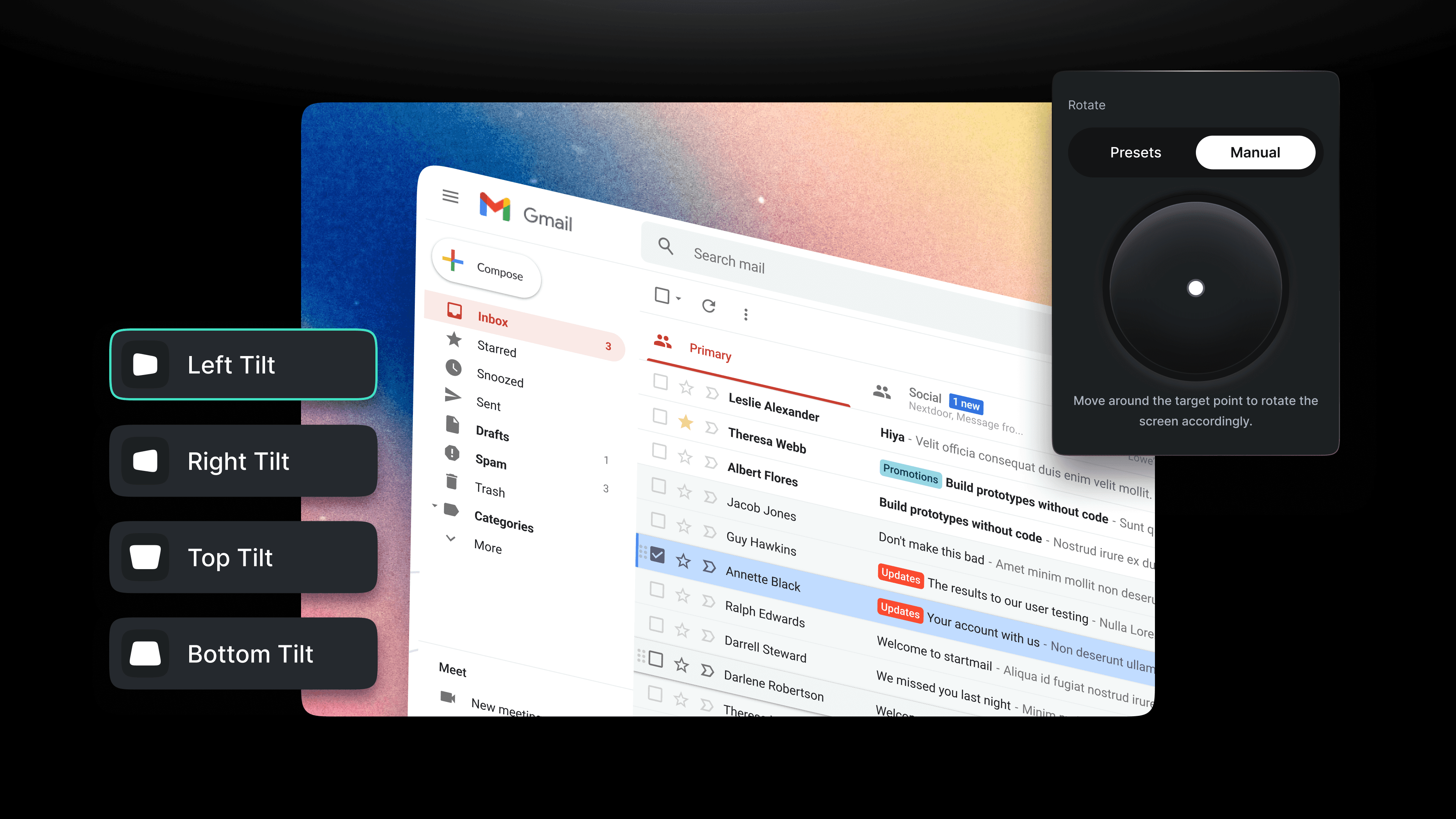 A digital interface displaying an email inbox on a gradient background, with a control panel featuring options for left, right, top, and bottom tilt adjustments, alongside a circular manual rotation tool.