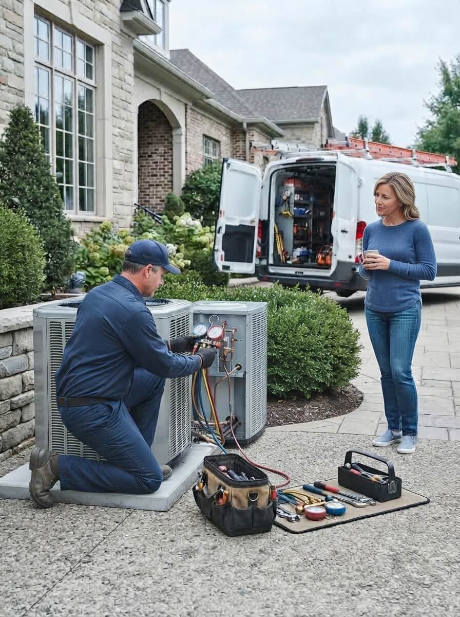 A Callout Service technician shows a tablet to a smiling woman holding a notebook on a living room sofa.