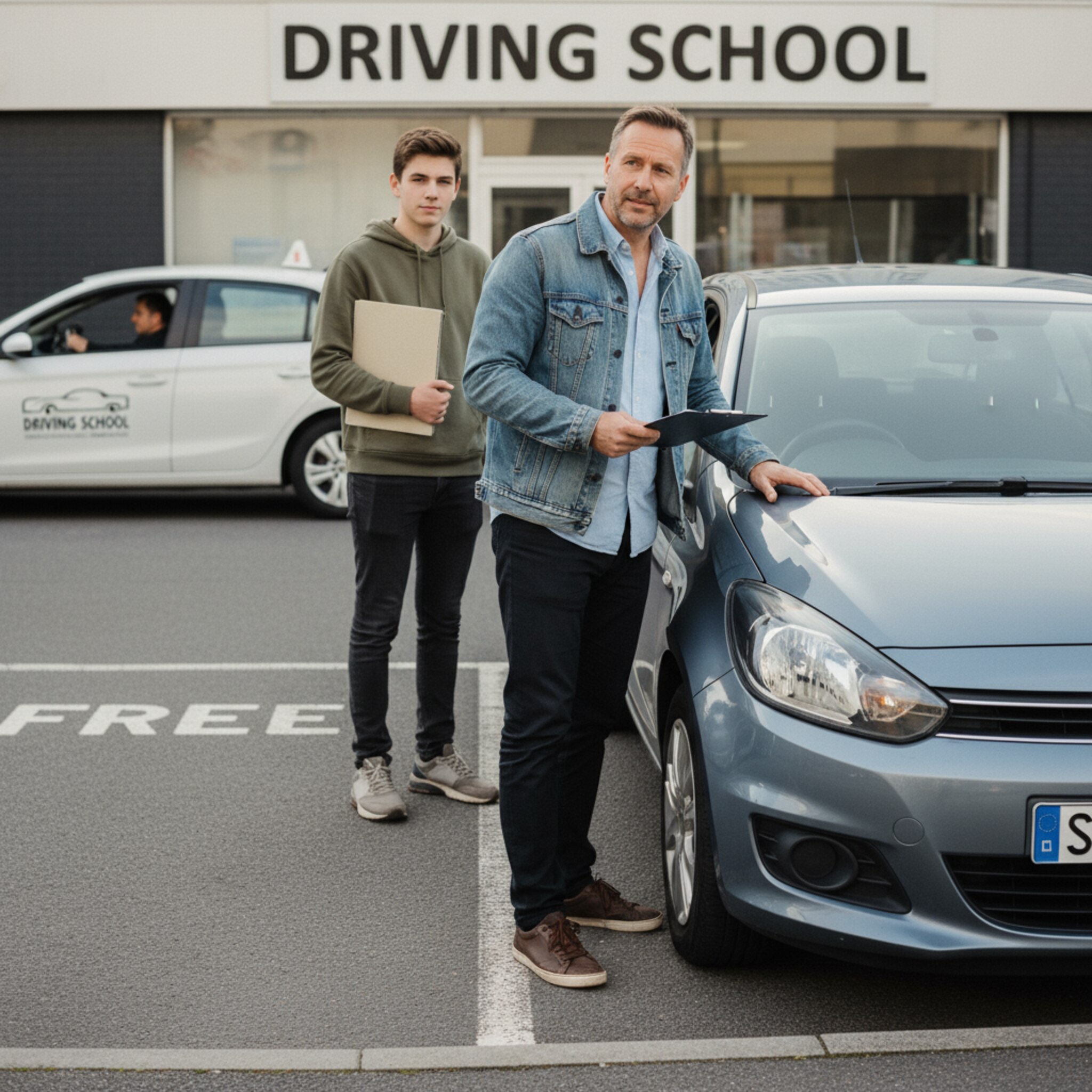 Ein Fahrlehrer überprüft vor der Tür den Zustand eines Fahrzeugs, während der nächste Schüler geduldig mit Lernmappe wartet. Im Hintergrund ist ein freier Parkplatz markiert, ein weiterer Wagen rollt ein. Der Ablauf wirkt abgestimmt, ohne Hektik, bereit für nahtlose Terminfolgen.