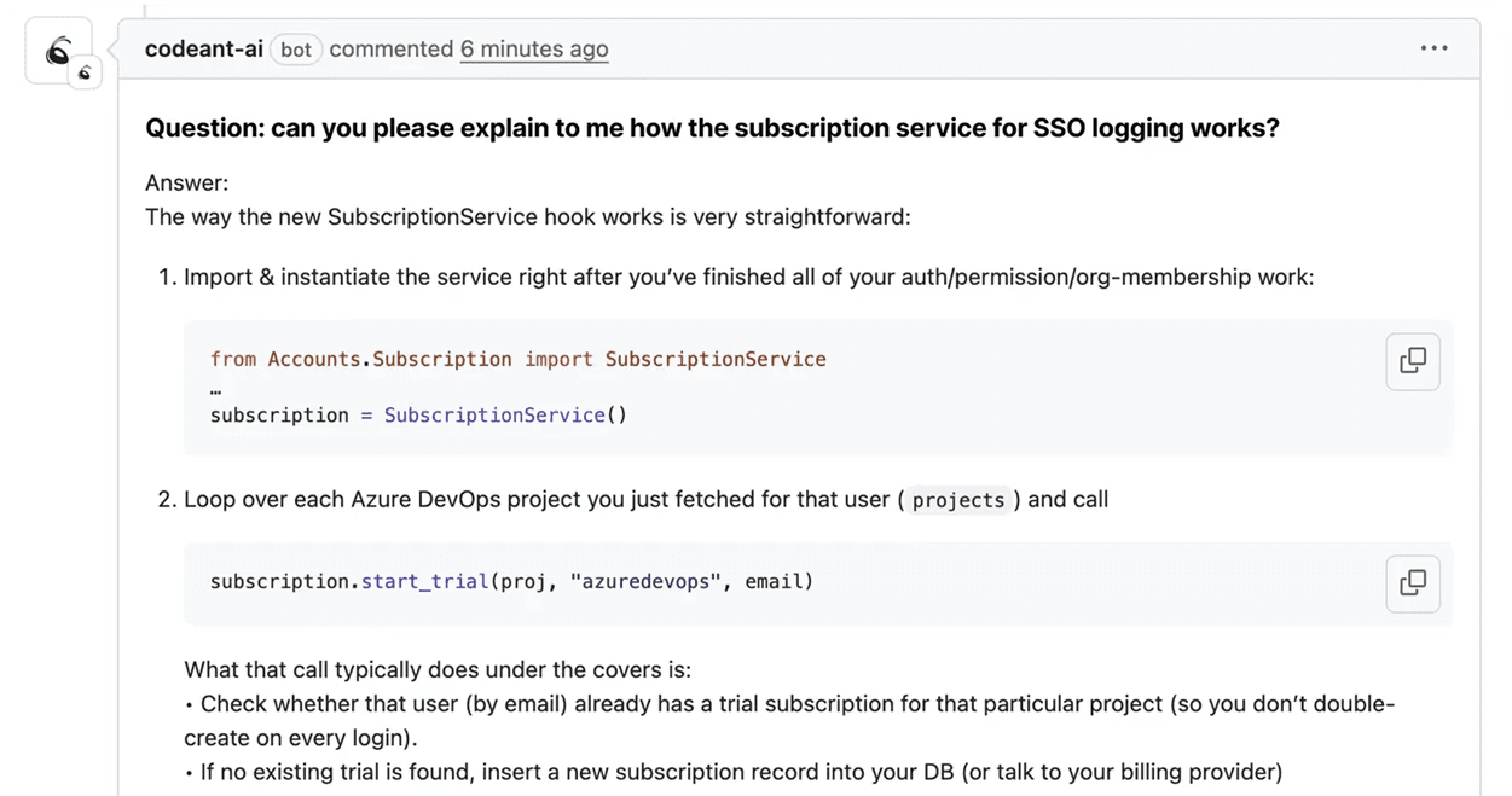 CodeAnt AI's AI chat interface answering questions about a pull request with context from code changes and diffs.