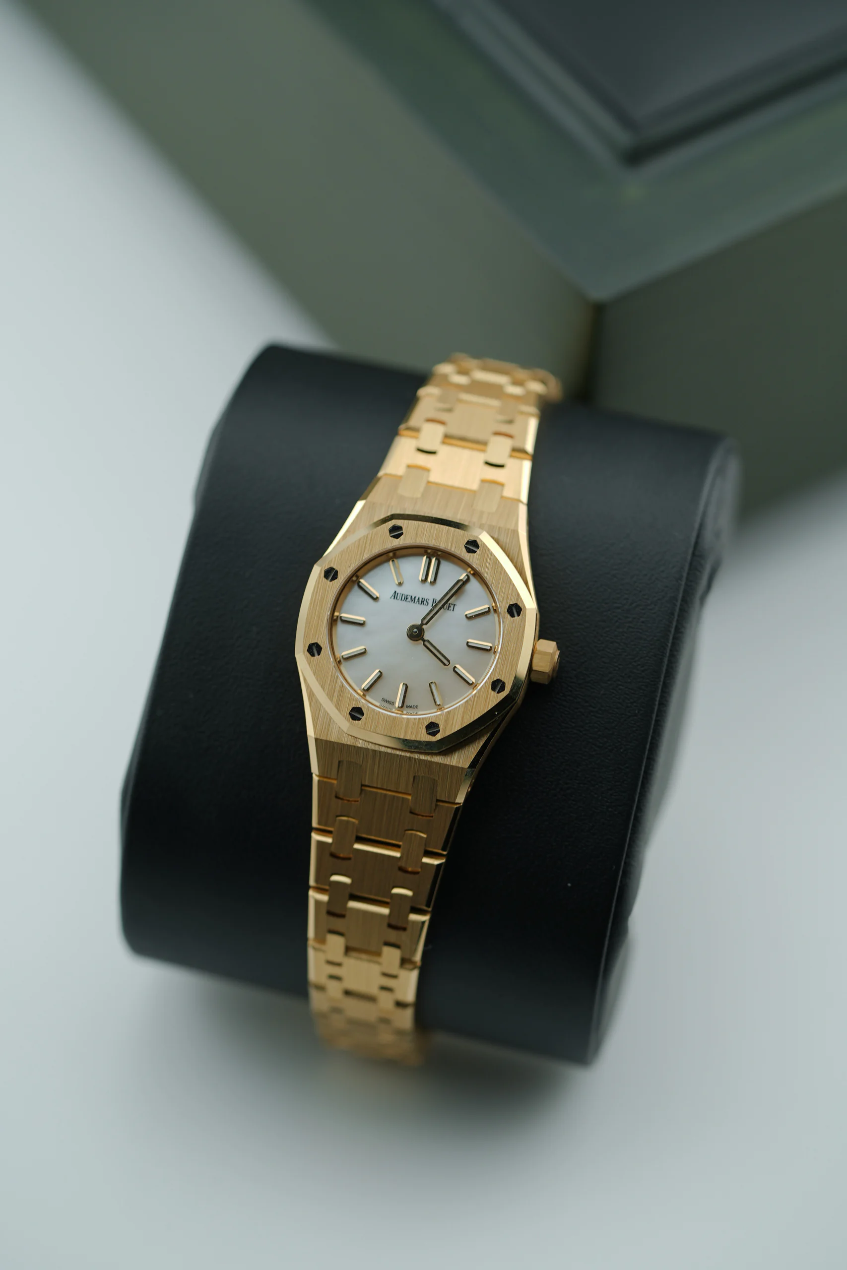 Side profile of the Audemars Piguet Royal Oak Mini Quartz 67630BA showing the crown