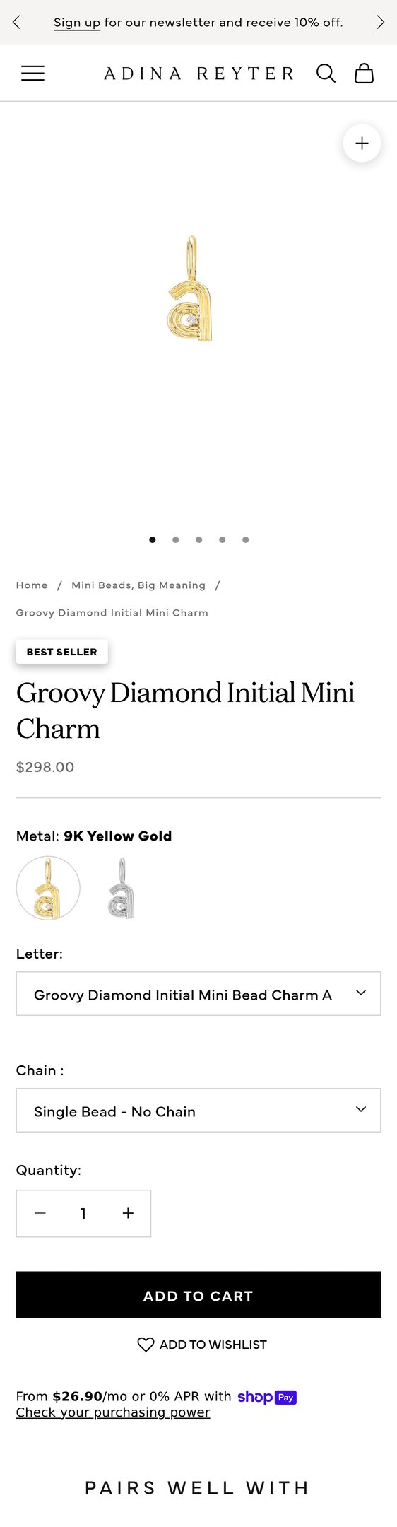Jewelry product options include: pendant, chain for Groovy Diamond Initial Mini Charm from Adina Reyter.