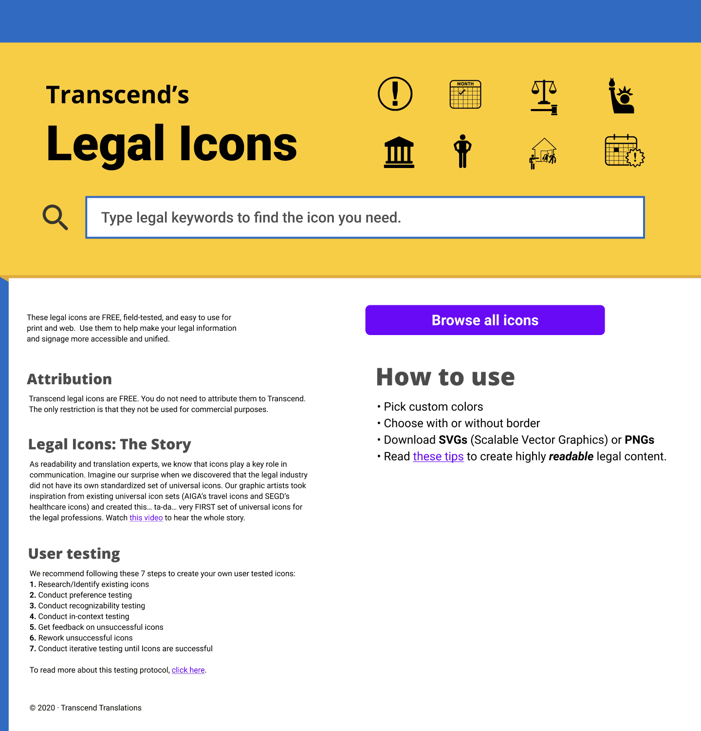 Legal icons homepage mockup - using Transcend's color scheme or mustard and blue