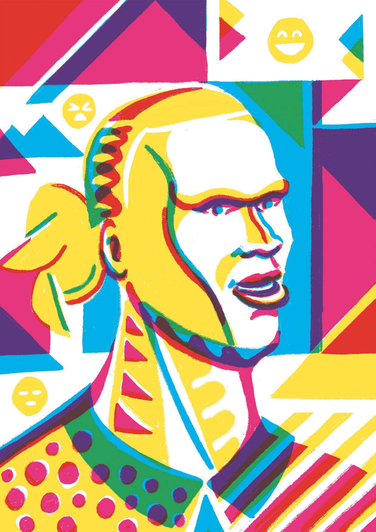 Portrait of Erling Haaland for the 2023 Tschuttiheftli art competition. It is in just the three colors of yellow, cyan and magenta, overlapping and forming new colors.