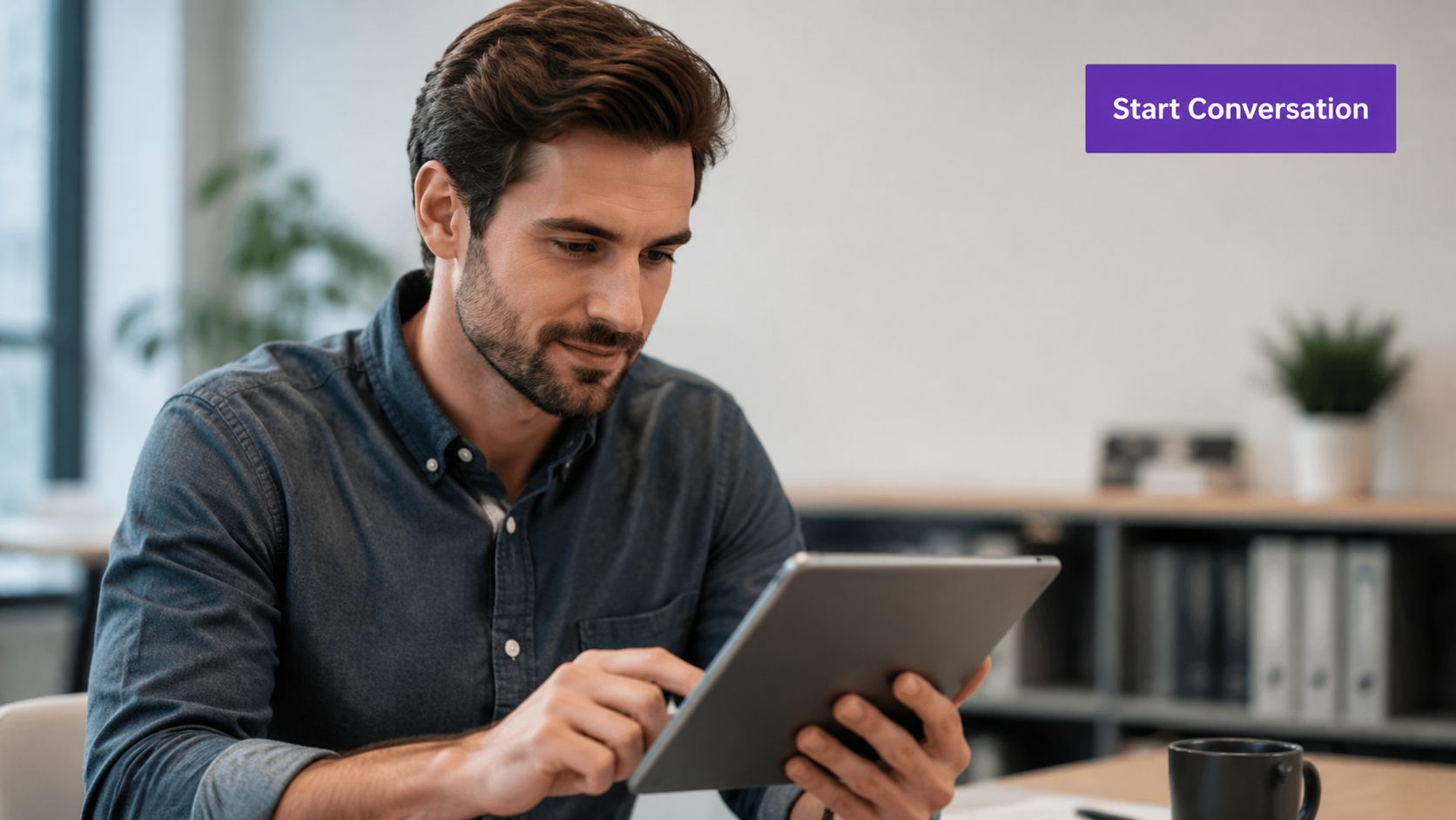 A professional man in a blue shirt smiling while reviewing documents on a digital tablet.