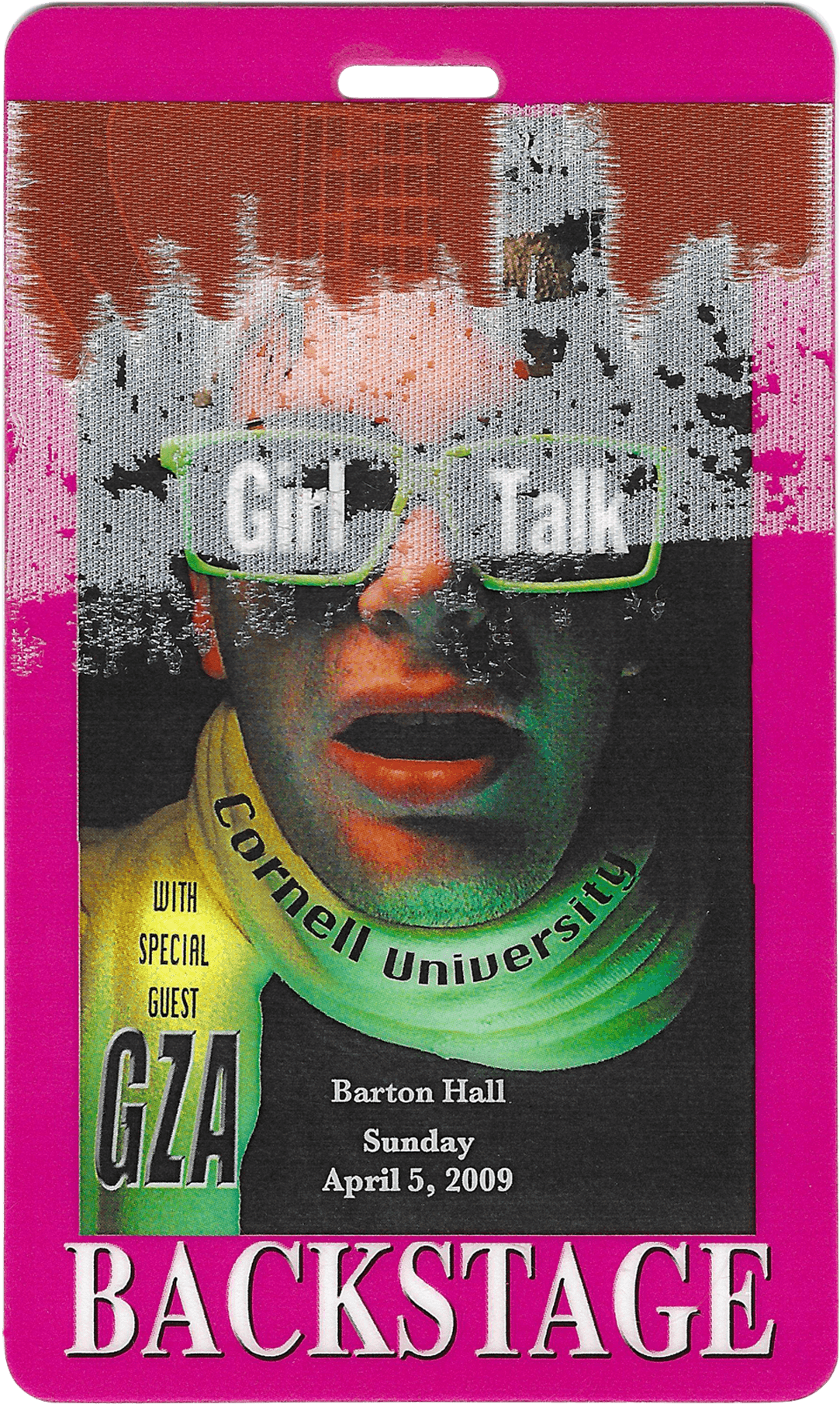 A vibrant backstage pass featuring a colorful background and a distorted face image, labeled "BACKSTAGE."