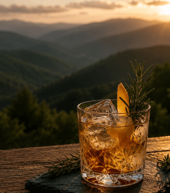 Whiskey cocktail with rosemary garnish on a wooden table at sunset in the Asheville mountains
