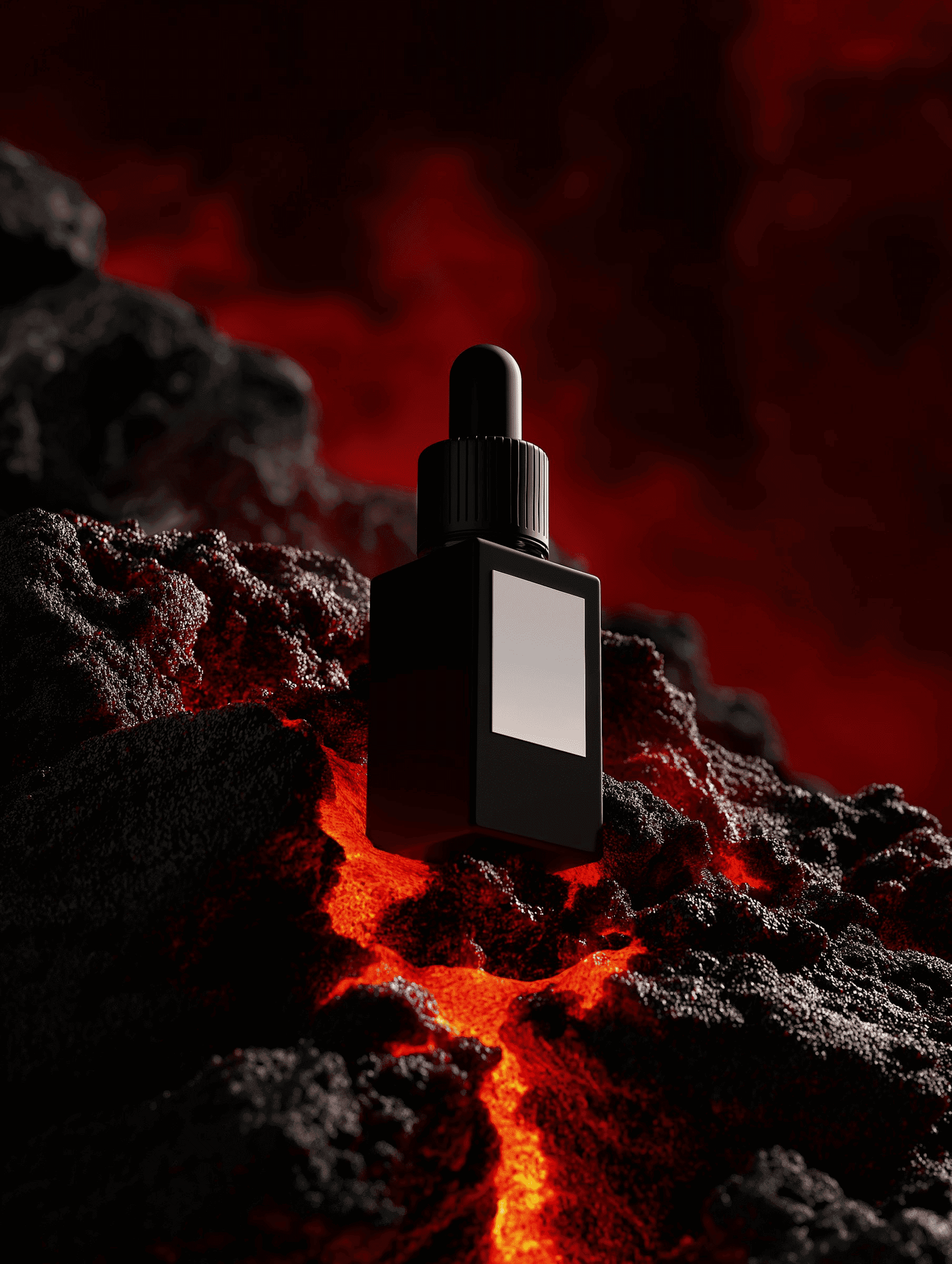 Black dropper bottle standing on volcanic rocks with flowing lava around it