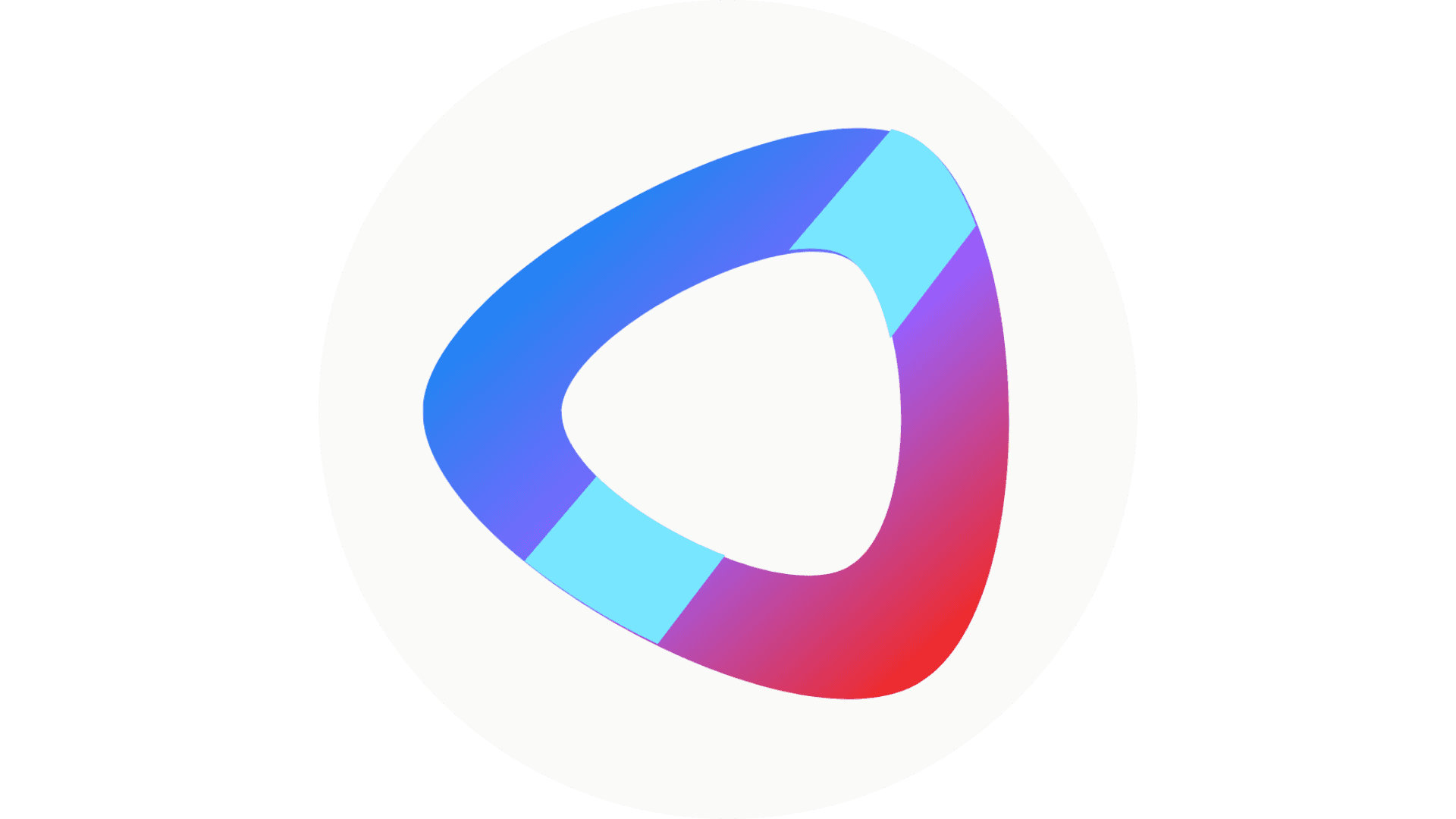A gradient triangular play button with vibrant blue, purple, and red colors on a white circular background.