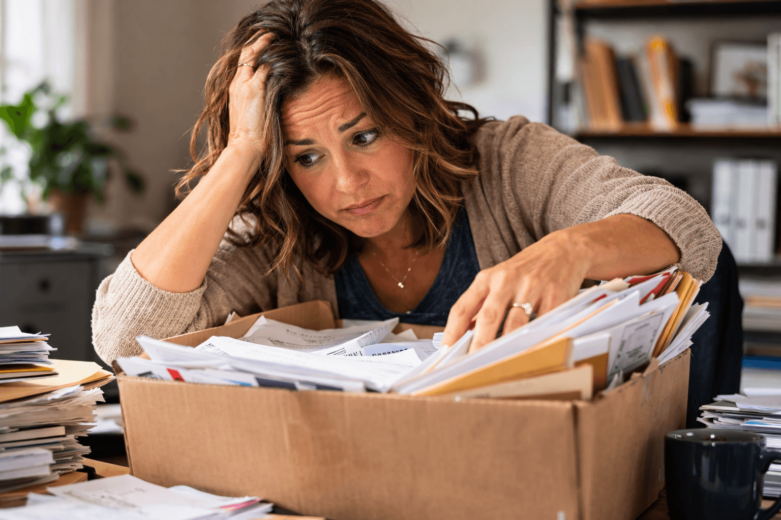 woman searching through a box of documents