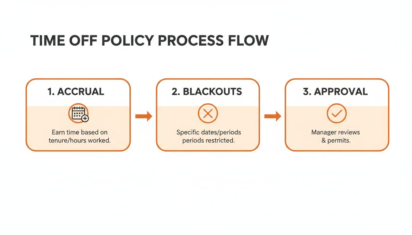 Flowchart illustrating a time off policy process with three steps: Accrual, Blackouts, and Approval.