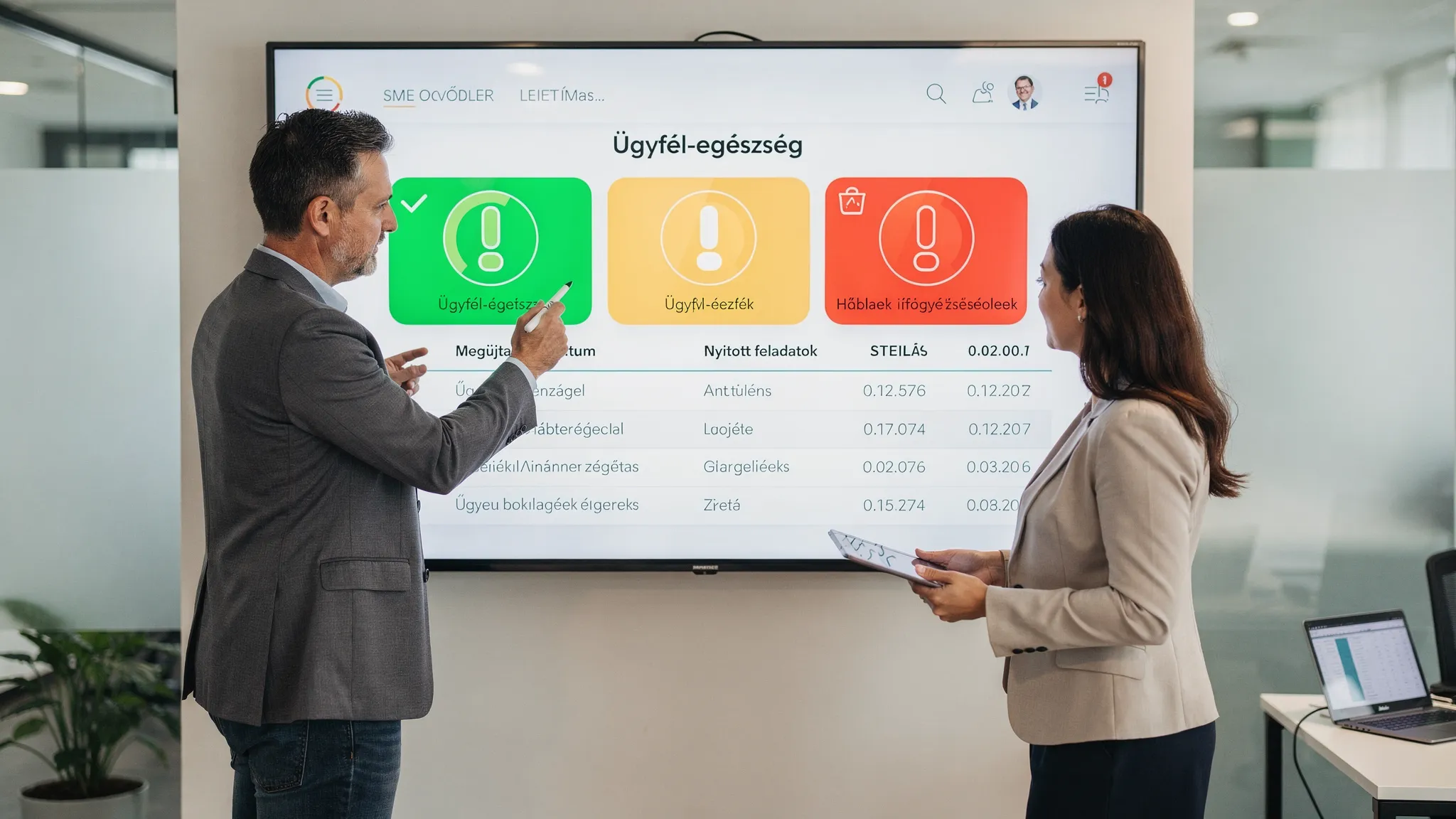 Egy KKV-vezető és egy ügyfélmenedzser egy közös irányítópultot néz, amelyen ügyfél-egészség jelzők (zöld-sárga-piros), megújítási dátumok és nyitott feladatok látszanak.
