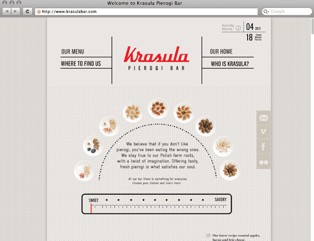 A screenshot shows a webpage for Krasula Pierogi Bar. The top banner reads “Welcome to Krasula Pierogi Bar.” The menu bar includes “OUR MENU,” “WHERE TO FIND US,” “OUR HOME,” and “WHO IS KRASULA?” The date and time are displayed as 04/18 and 18:00. The webpage features circular images of various food items arranged around a central text message: “We believe that if you don’t like pierogi, you’ve been eating the wrong ones. We stay true to our Polish farm roots, with a twist of imagination. Offering tasty, fresh pierogi is what satisfies our soul.” A bar scale is visible at the bottom.