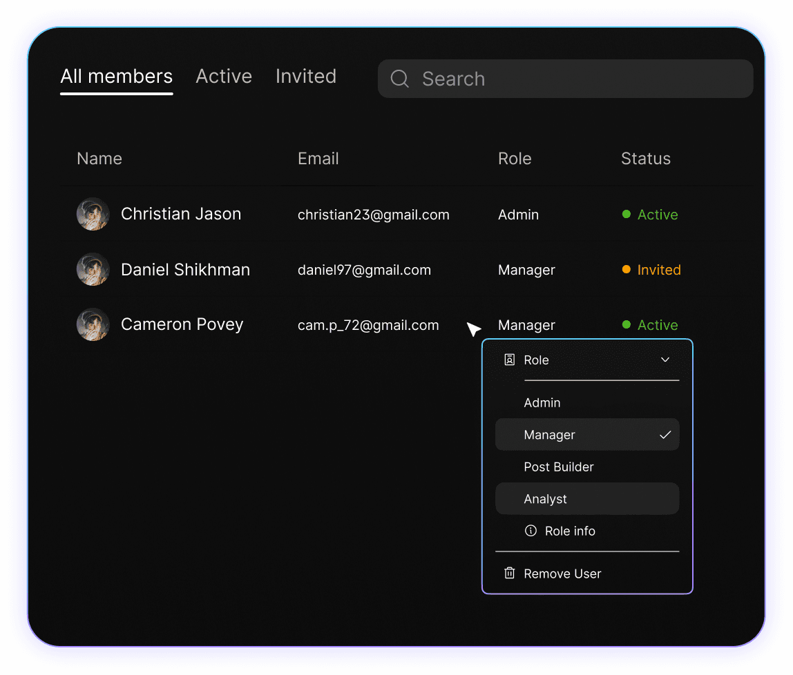 User management interface displaying a list of team members with roles and email addresses, including options for role assignment.