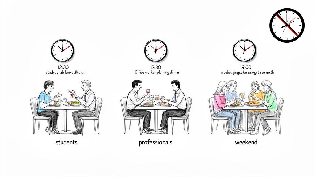Illustration of different groups of people dining at various times, indicating peak meal times.