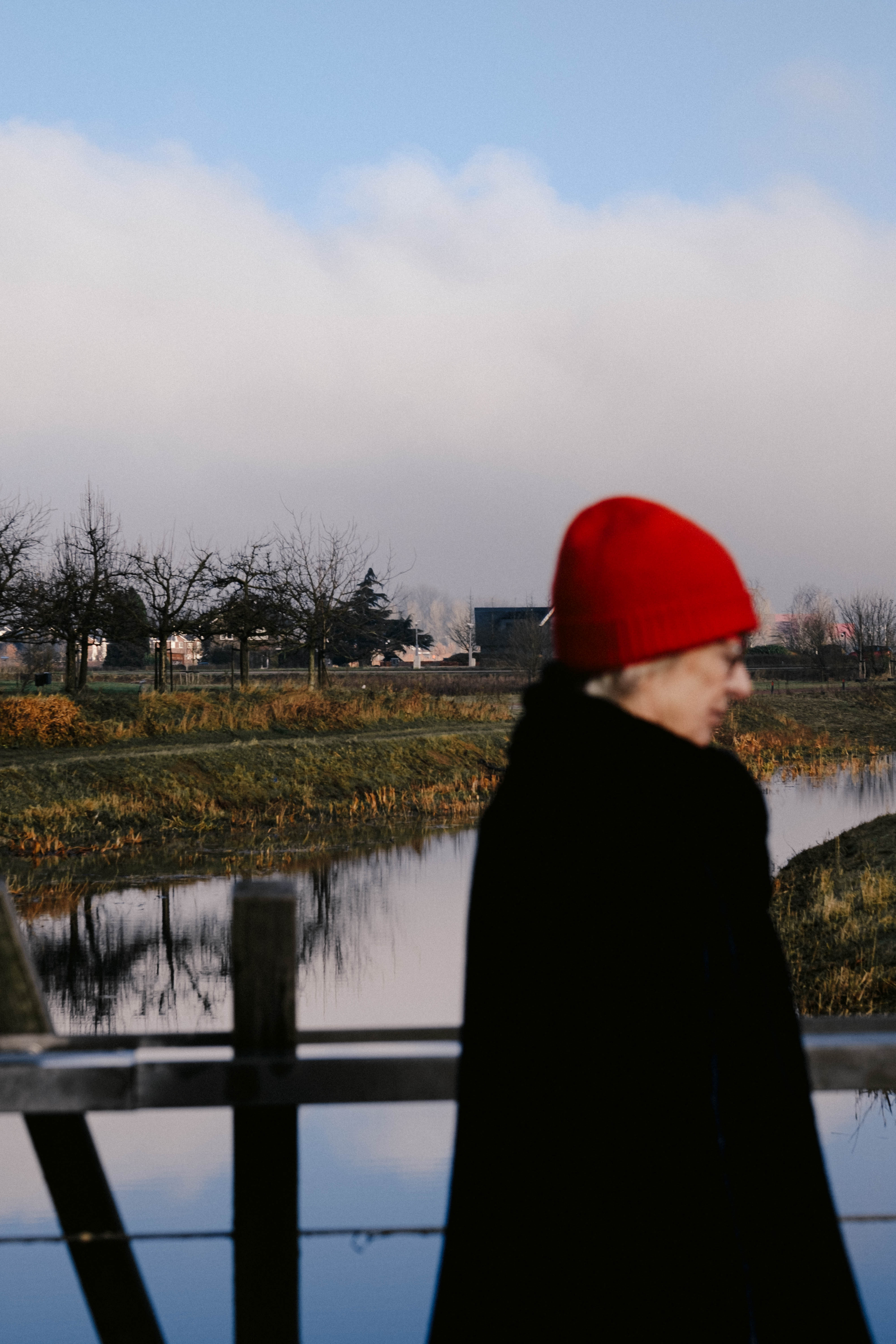 A person wearing a red beanie stands in the foreground of a winter suburban landscape