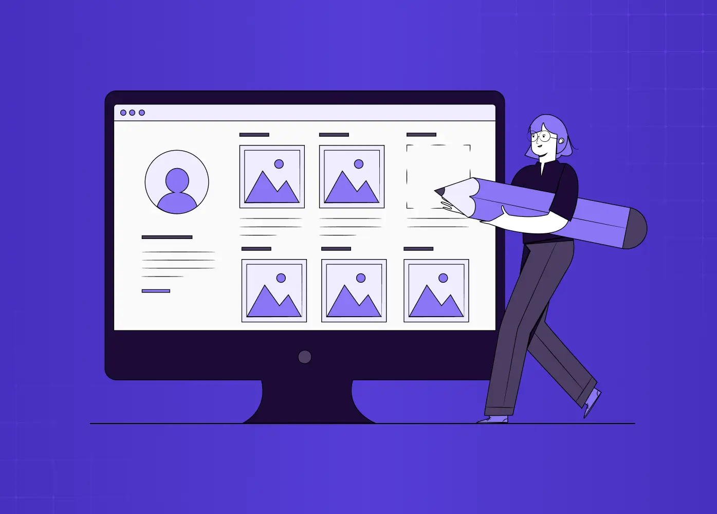 Illustration of a designer presenting a modern web interface on a large desktop monitor, representing digital product design and modernization.