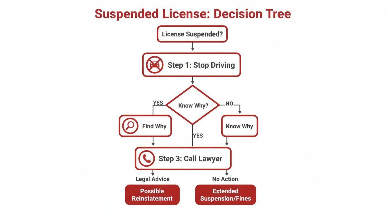 Decision tree flowchart illustrating steps to take for a suspended driver's license, from stopping driving to legal advice.