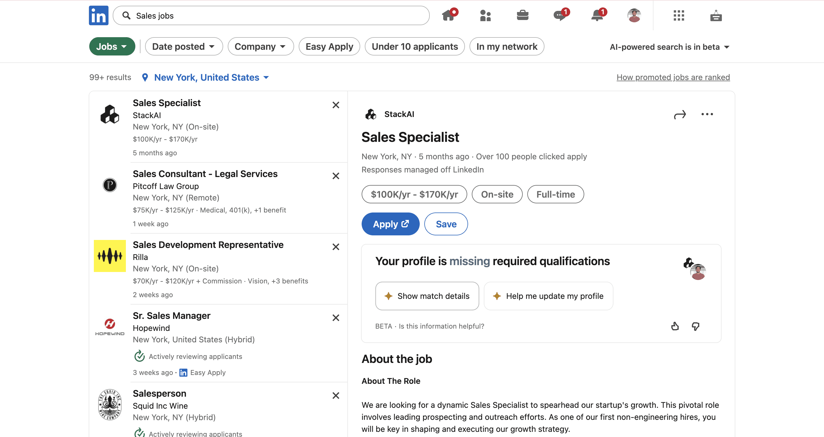Screenshot of Linkedin jobs search for Sales jobs in New York