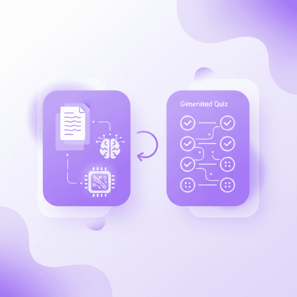 Split screen showing uploaded medical notes on the left and a generated quiz on the right