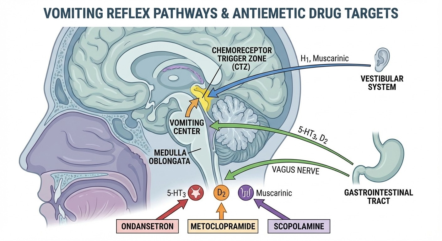 Antiemetic drug mechanisms and vomiting reflex pathways for NEET PG pharmacology