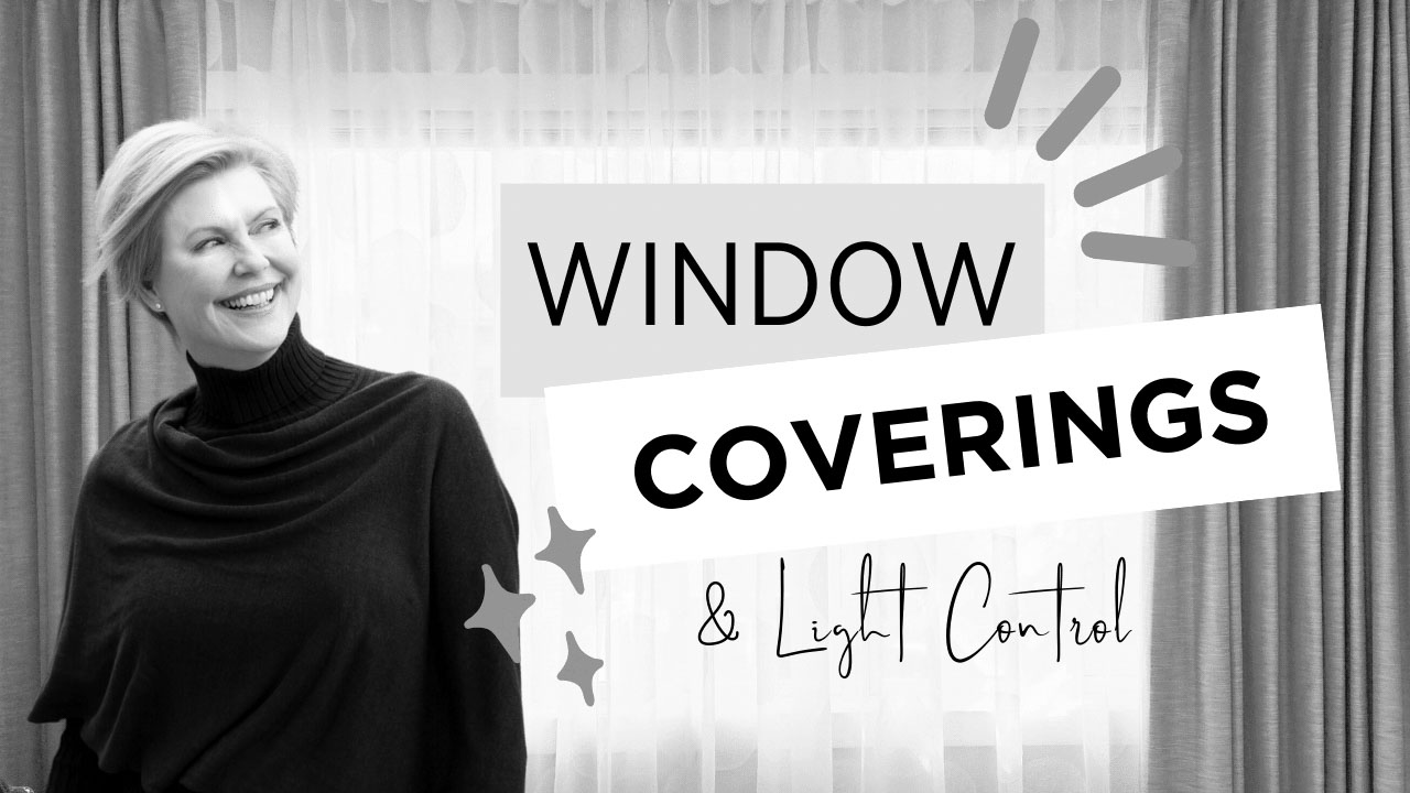 A woman in front of a window with text, window coverings & light control.