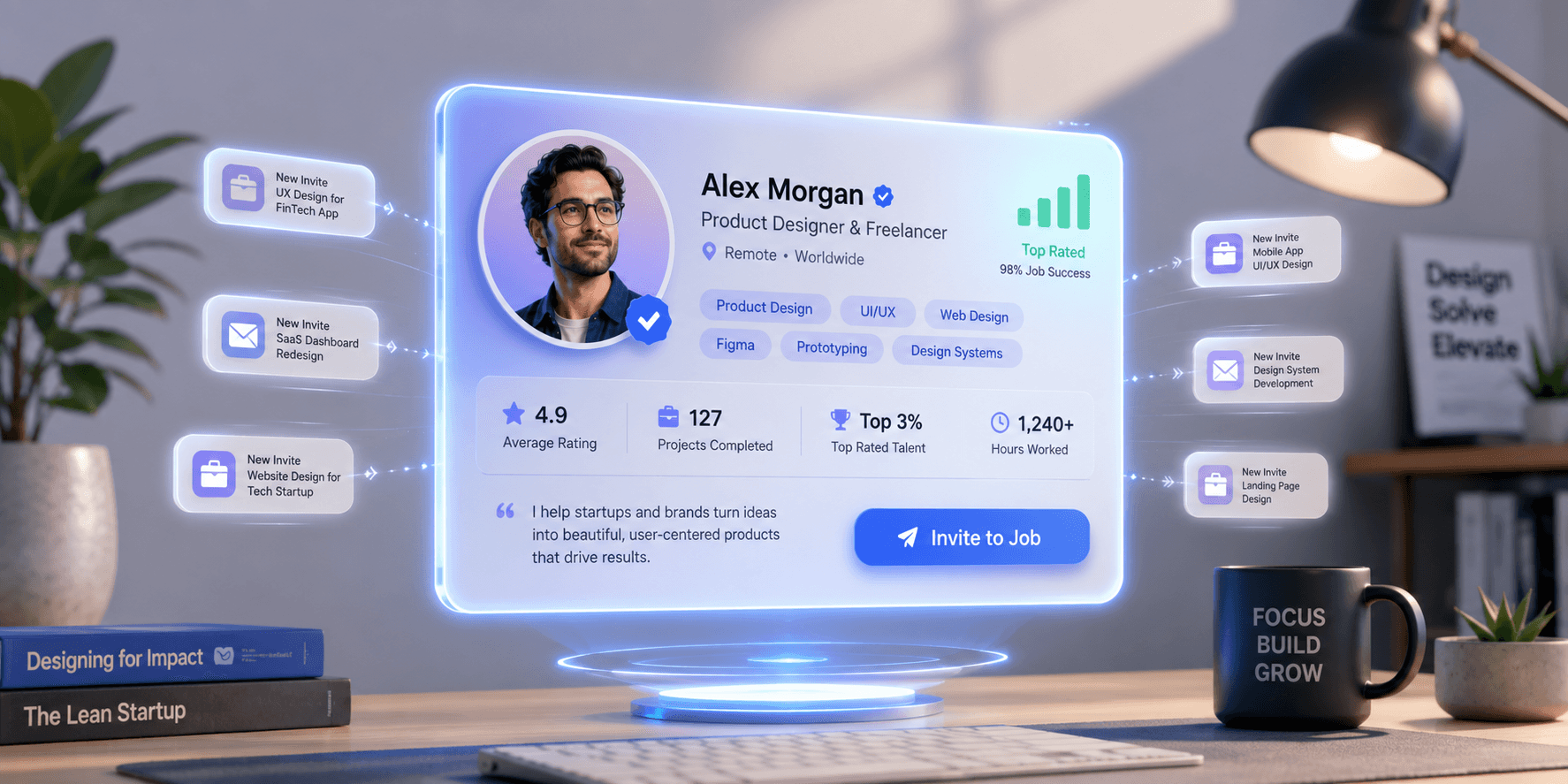 Holographic freelancer profile card