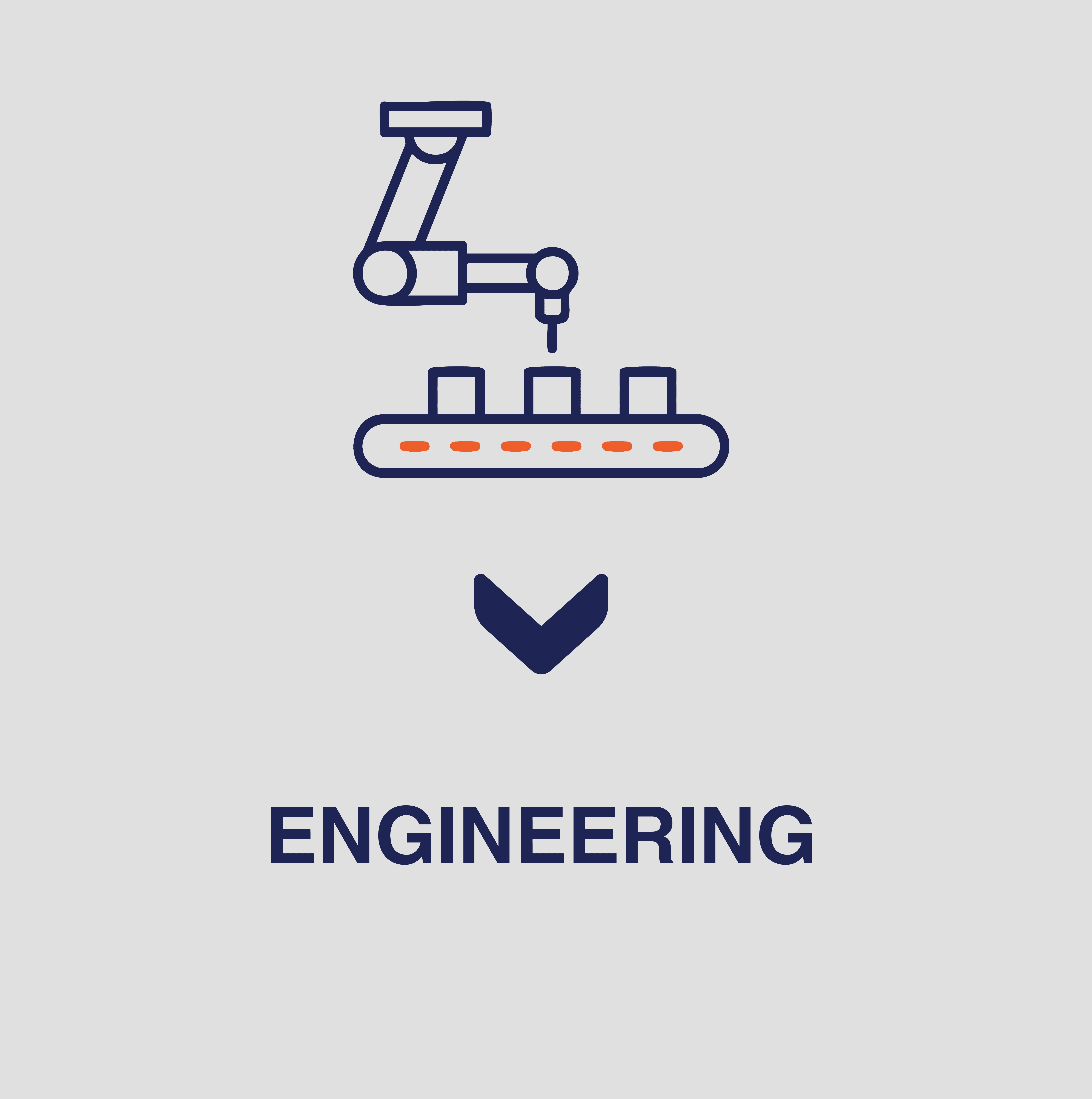 icon of an engineering production line in blue on a white background with blue text saying engineering