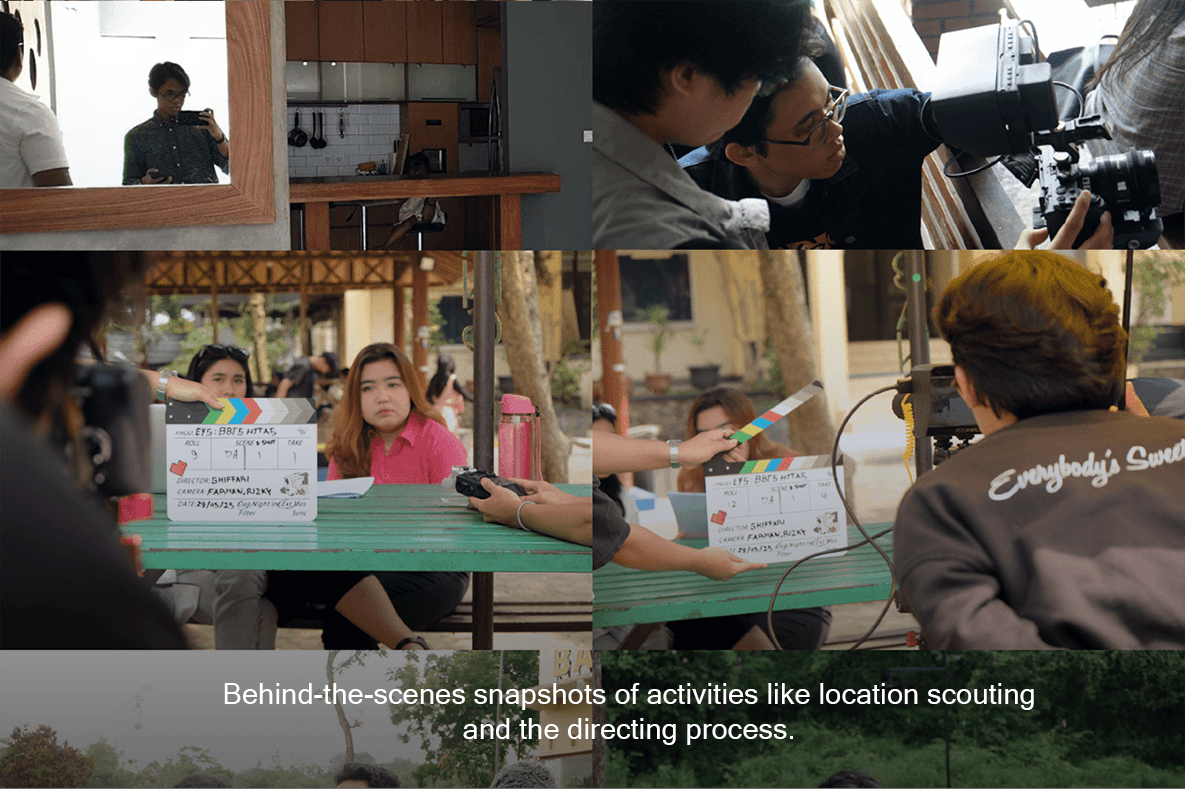 Behind-the-scenes snapshots of activities like location scouting and the directing process.