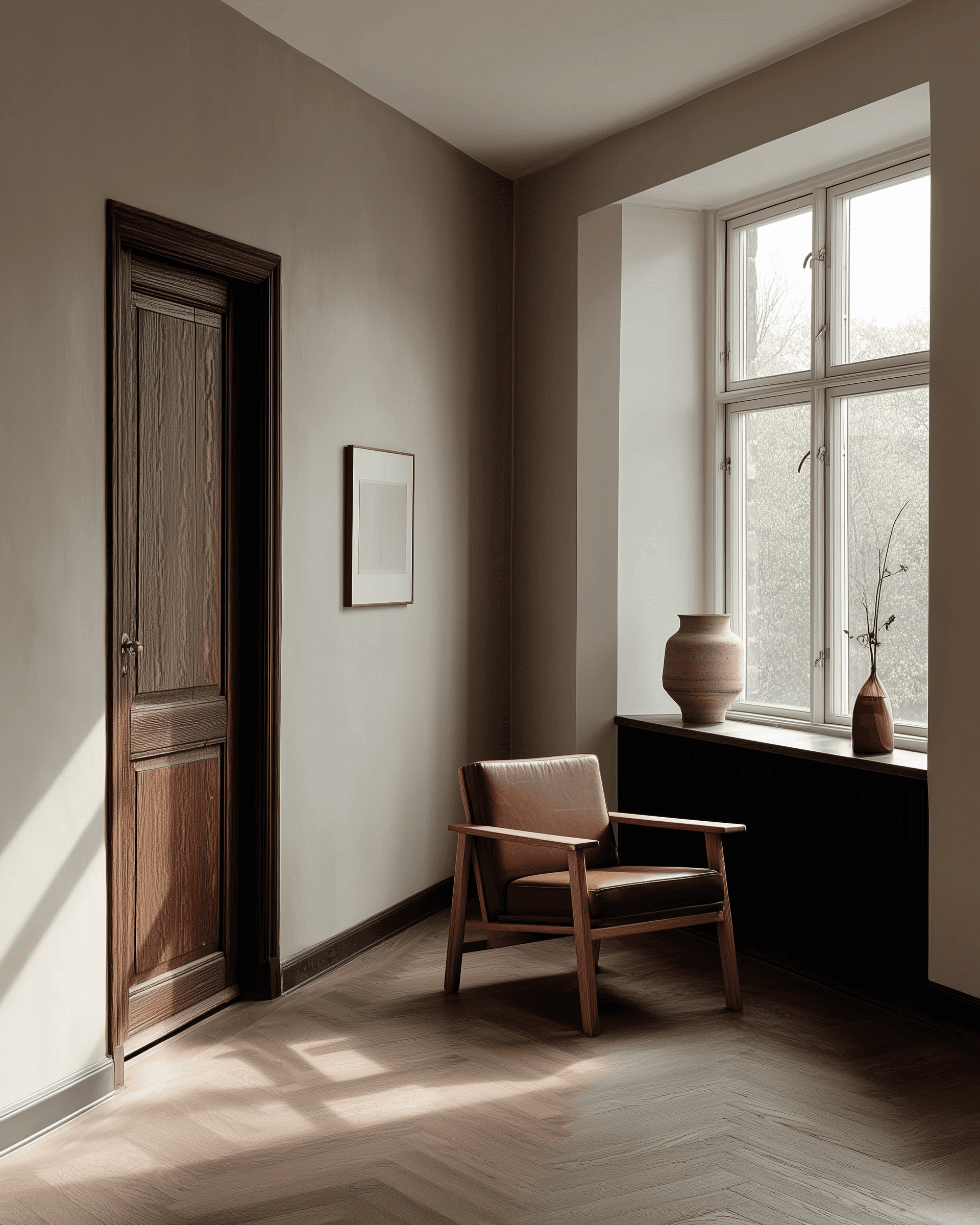 Minimalist room with a wooden armchair, herringbone floor, and soft natural light streaming through a large window with decor.