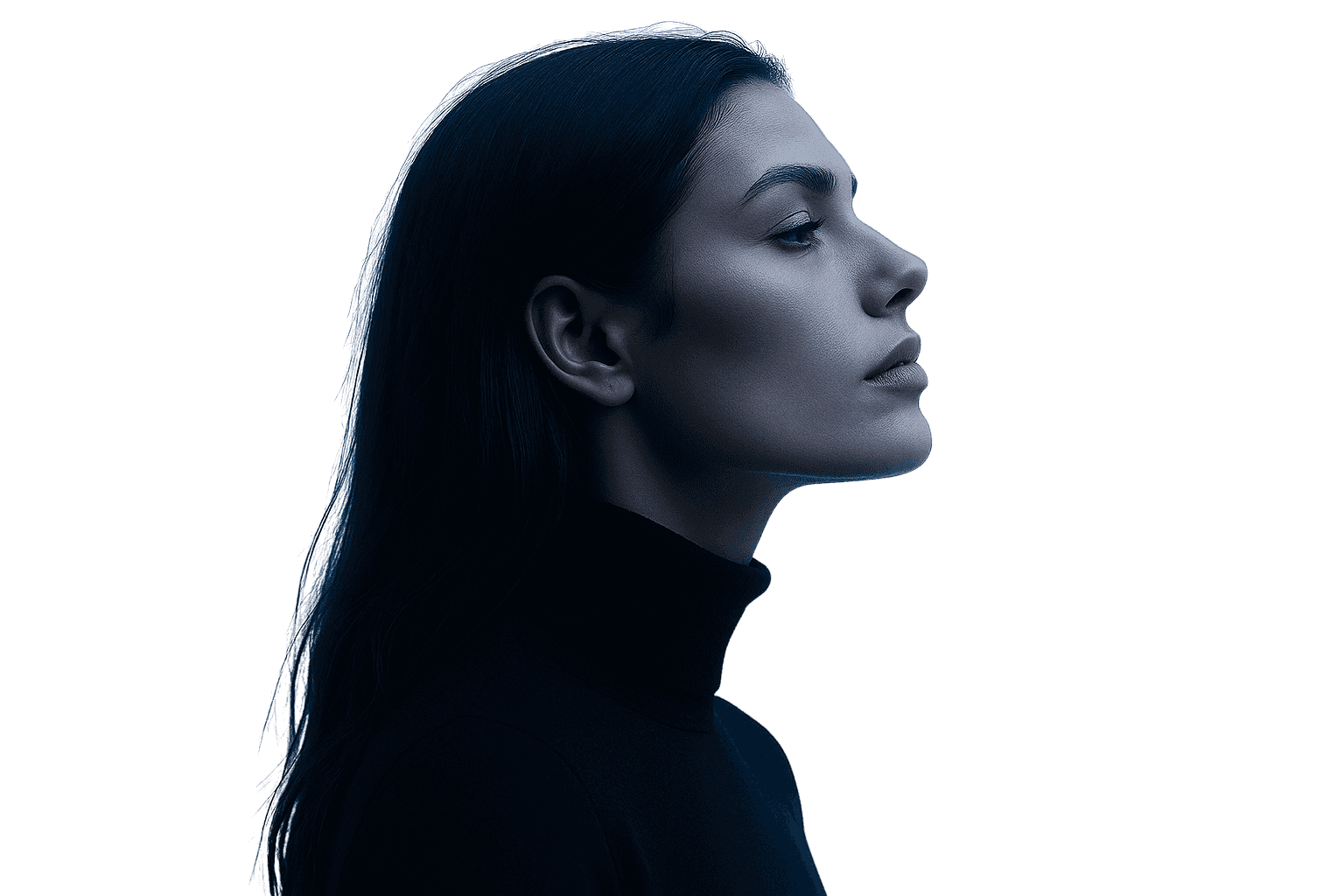 A woman with long dark hair is gazing thoughtfully to the side, wearing a black turtleneck against a neutral background.