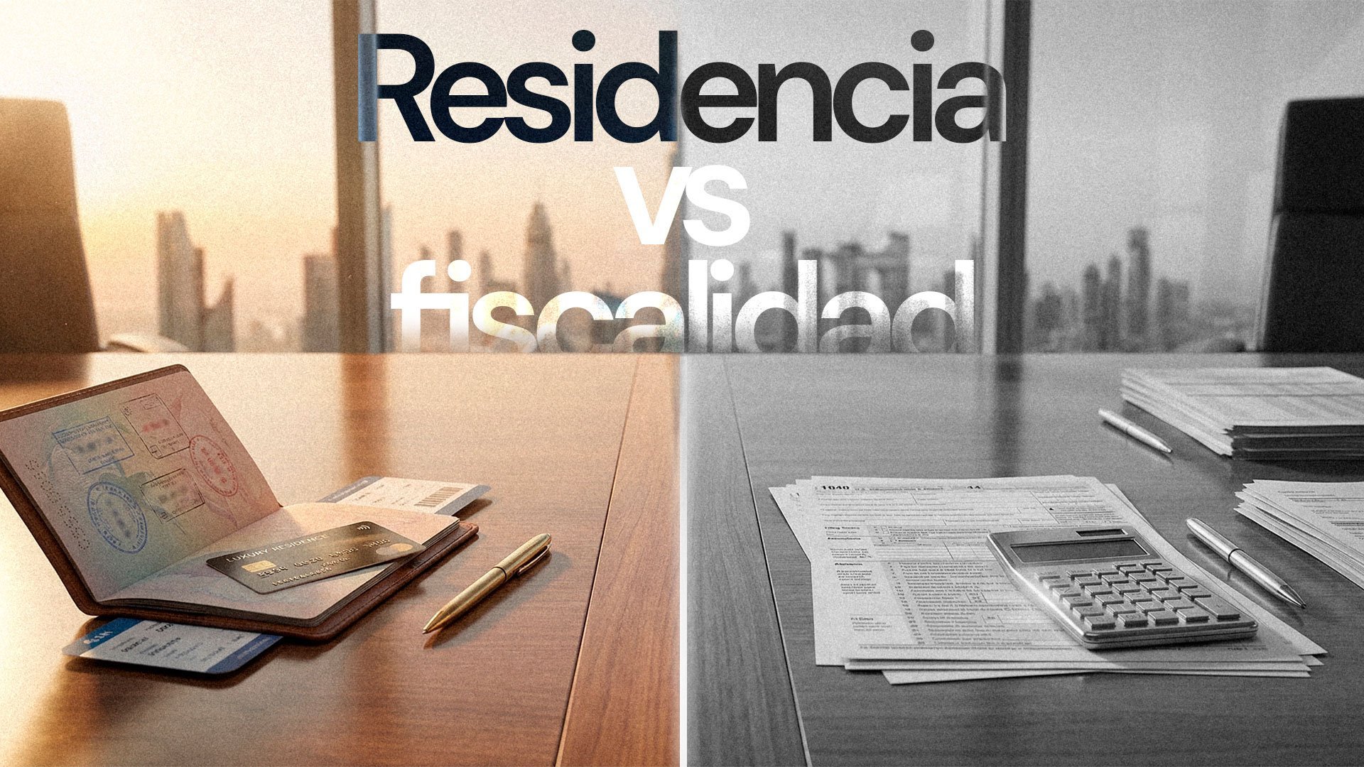 Comparación entre residencia fiscal en Dubái y sistema de impuestos con documentos fiscales, calculadora y pasaporte.