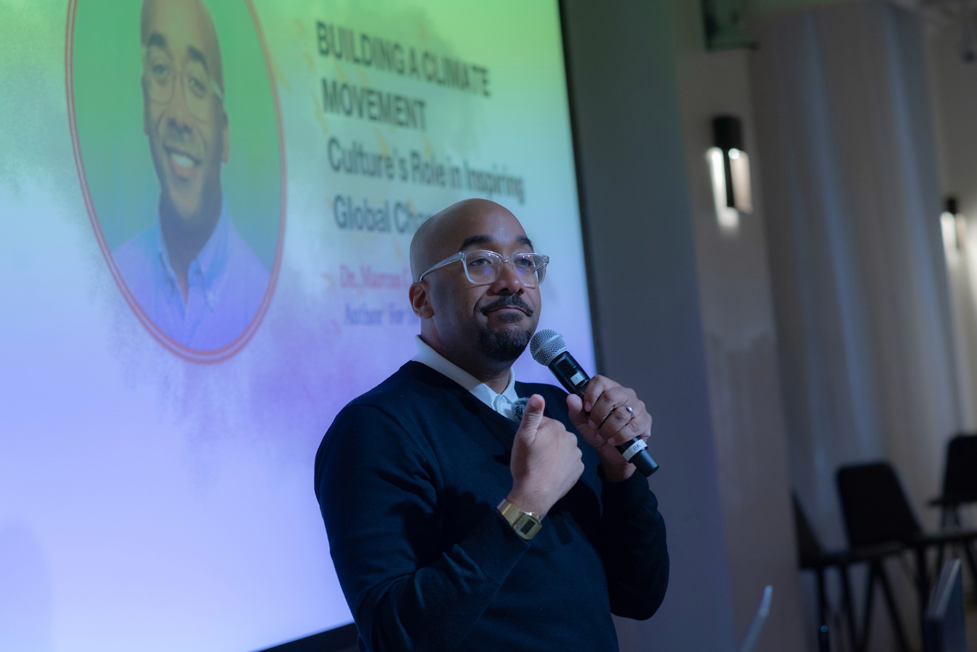Dr Marcus Collins on stage for the launch of Pop Culture at New York Climate Week