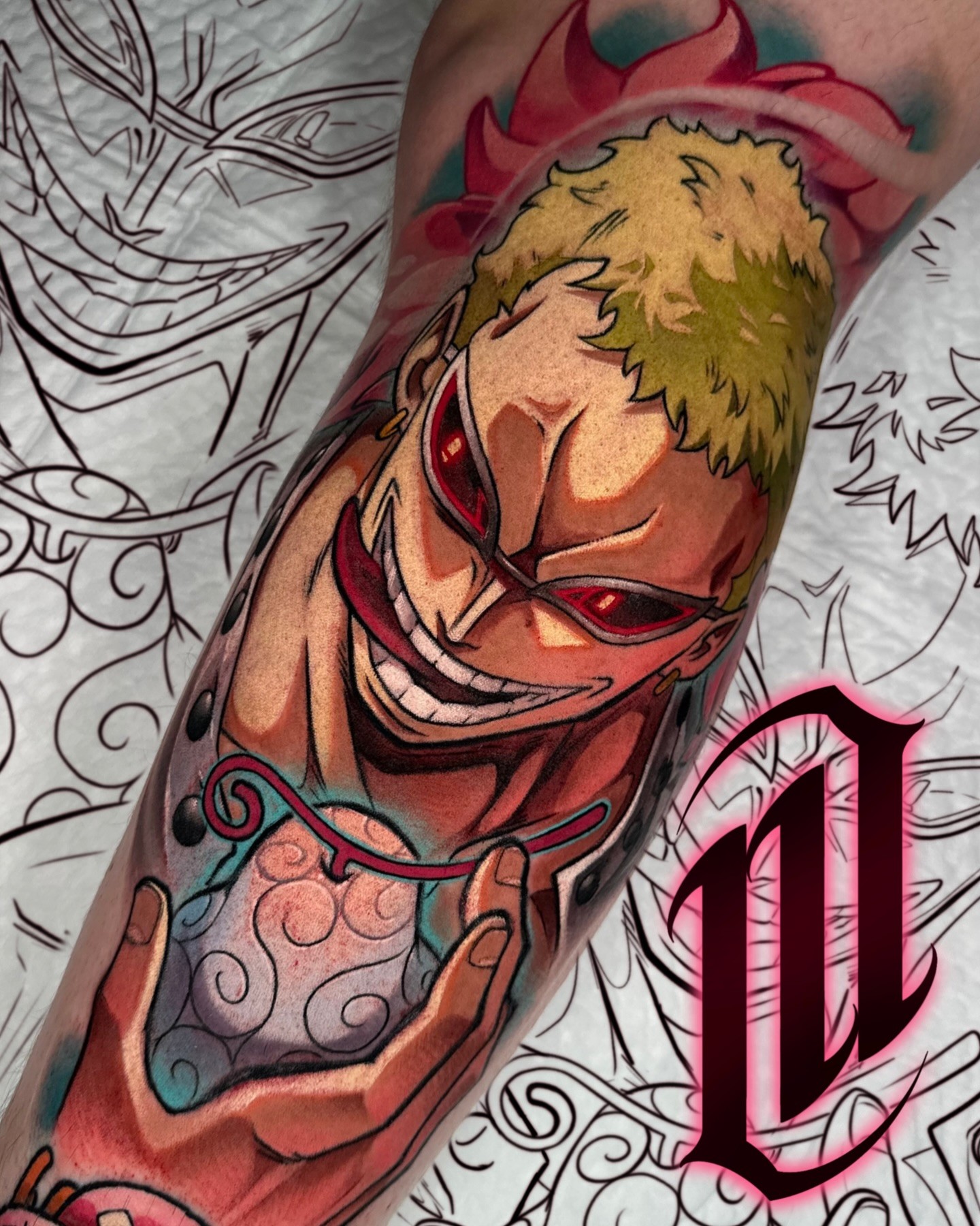 colorful doflamingo holding a devil fruit by marcus ottner in wynthall birmingham in england