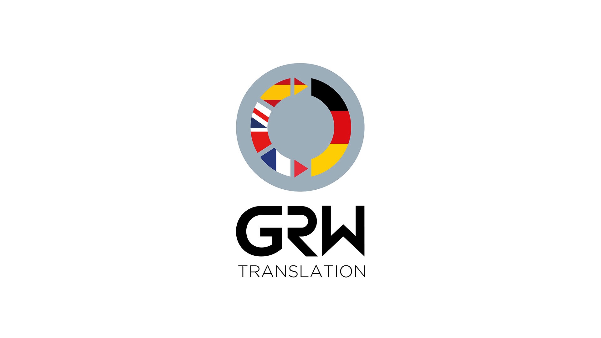 GRW Translation emblem and word mark vertical stack by Huw Mathias Graphic Design