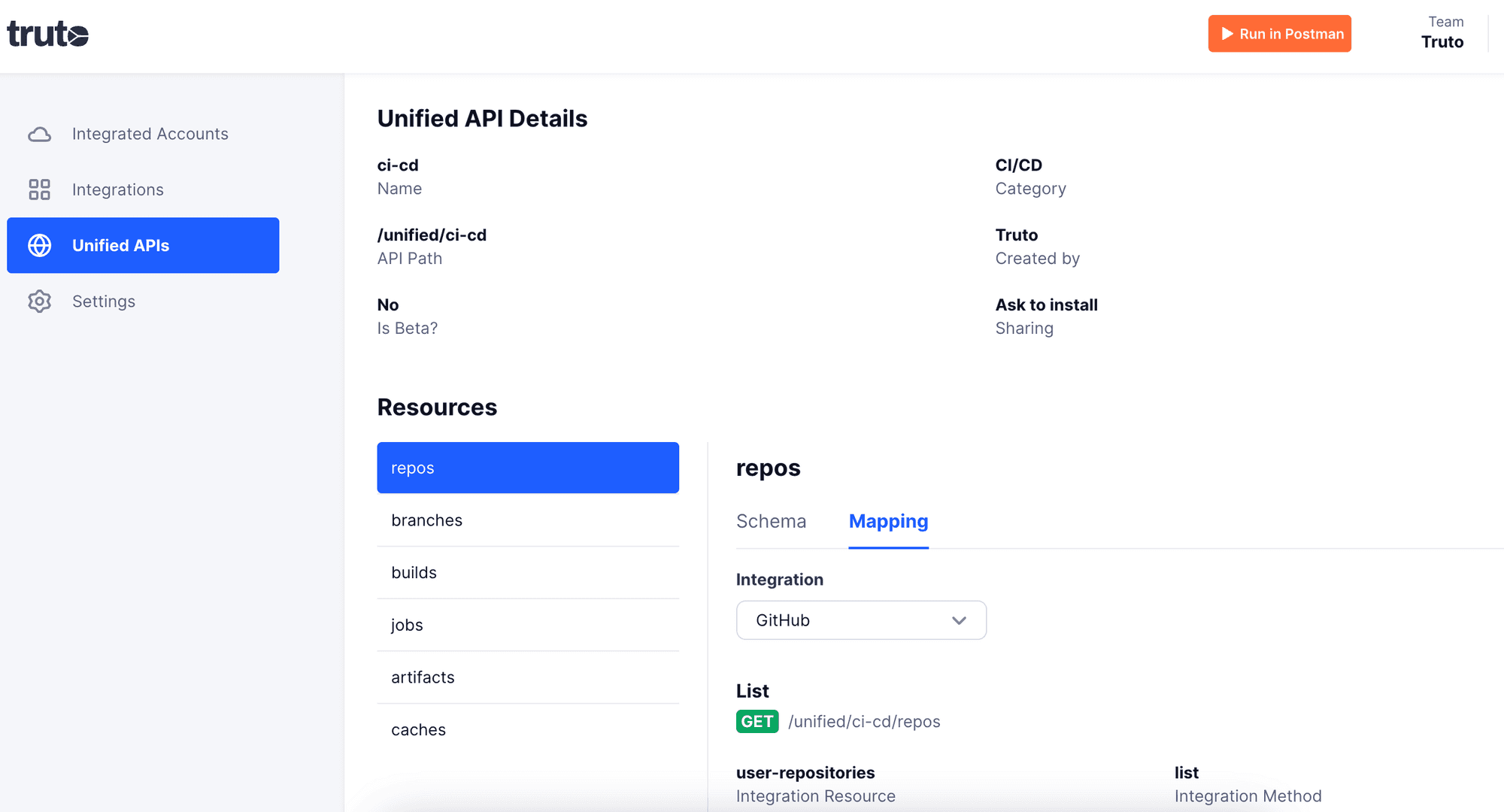 Screenshot of the CI/CD Unified API on the Truto platform