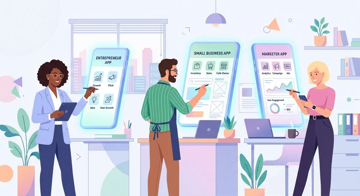 Flat illustration of an entrepreneur, a small business owner, and a marketer each building a mobile app on a glowing screen.