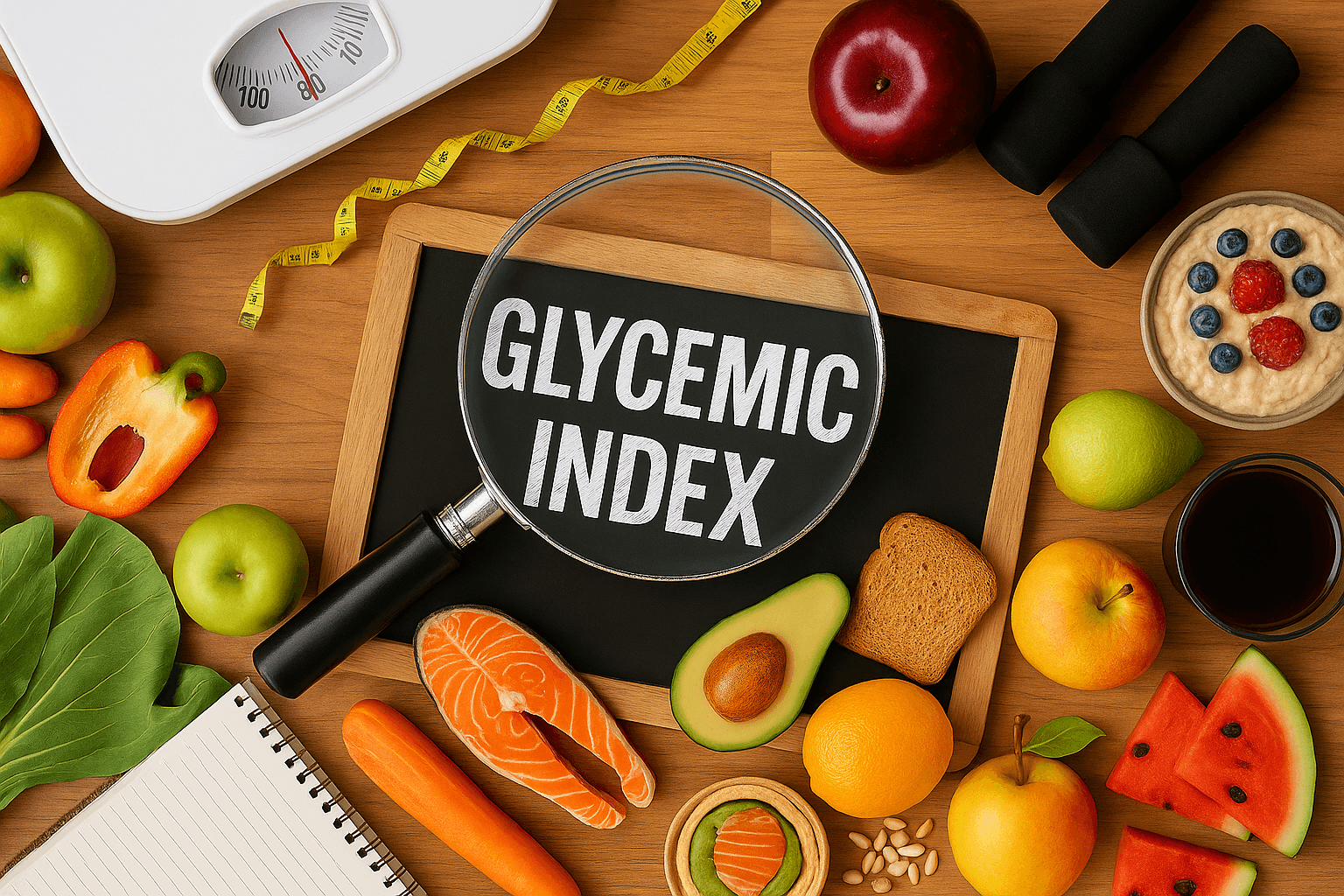Healthy foods and fitness items around a chalkboard with “Glycemic Index” under a magnifying glass, representing weight loss concept.