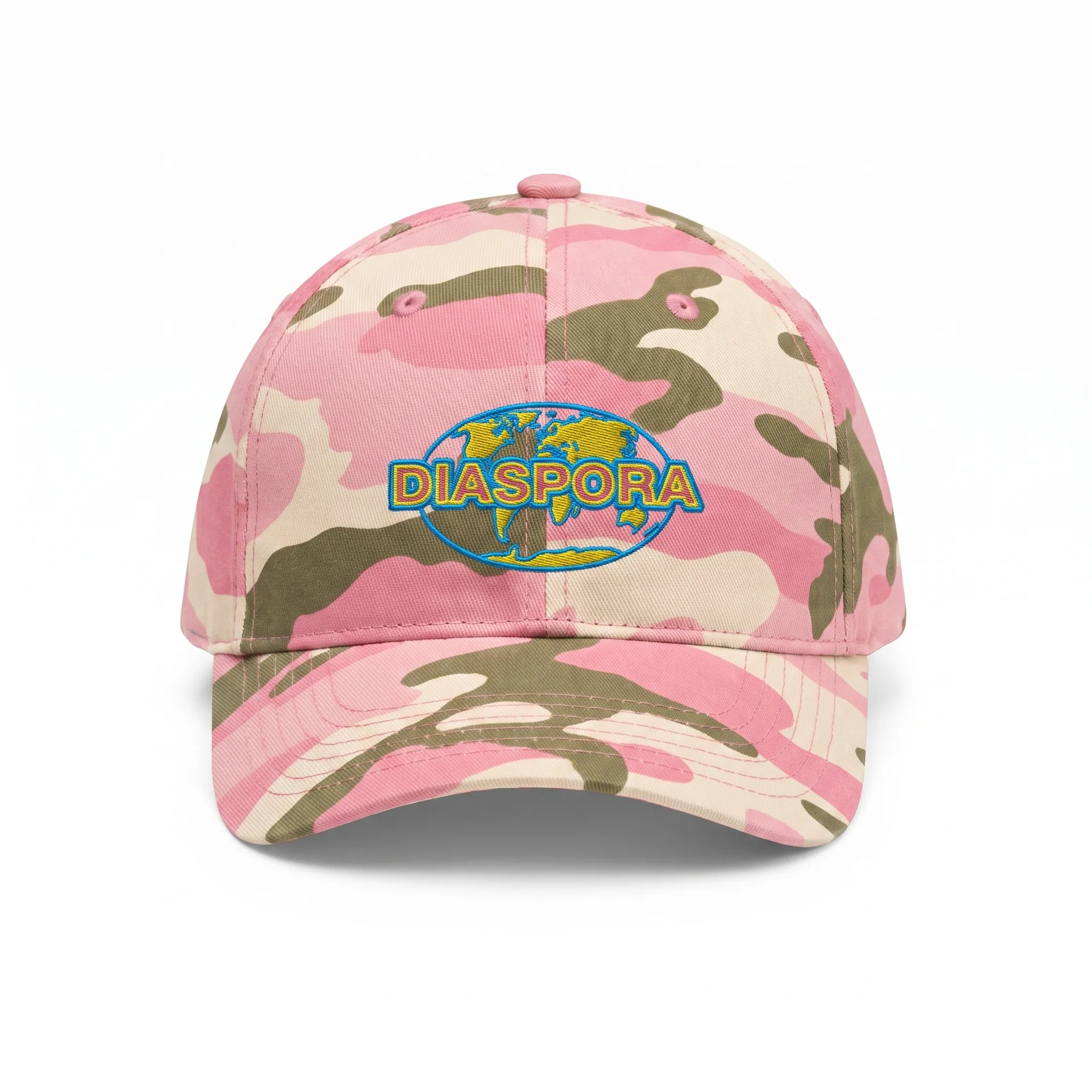 Diaspora Cap in pink camo with embroidered globe logo