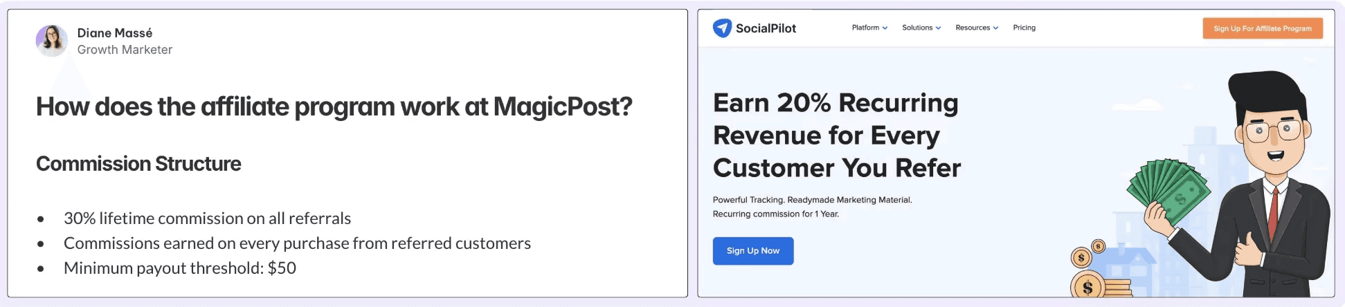 A screenshot of MagicPost ad SocialPilot's affiliate program guides
