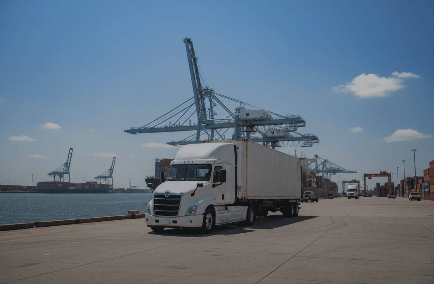A white truck parked near a port, with cranes and blue sky in the background.